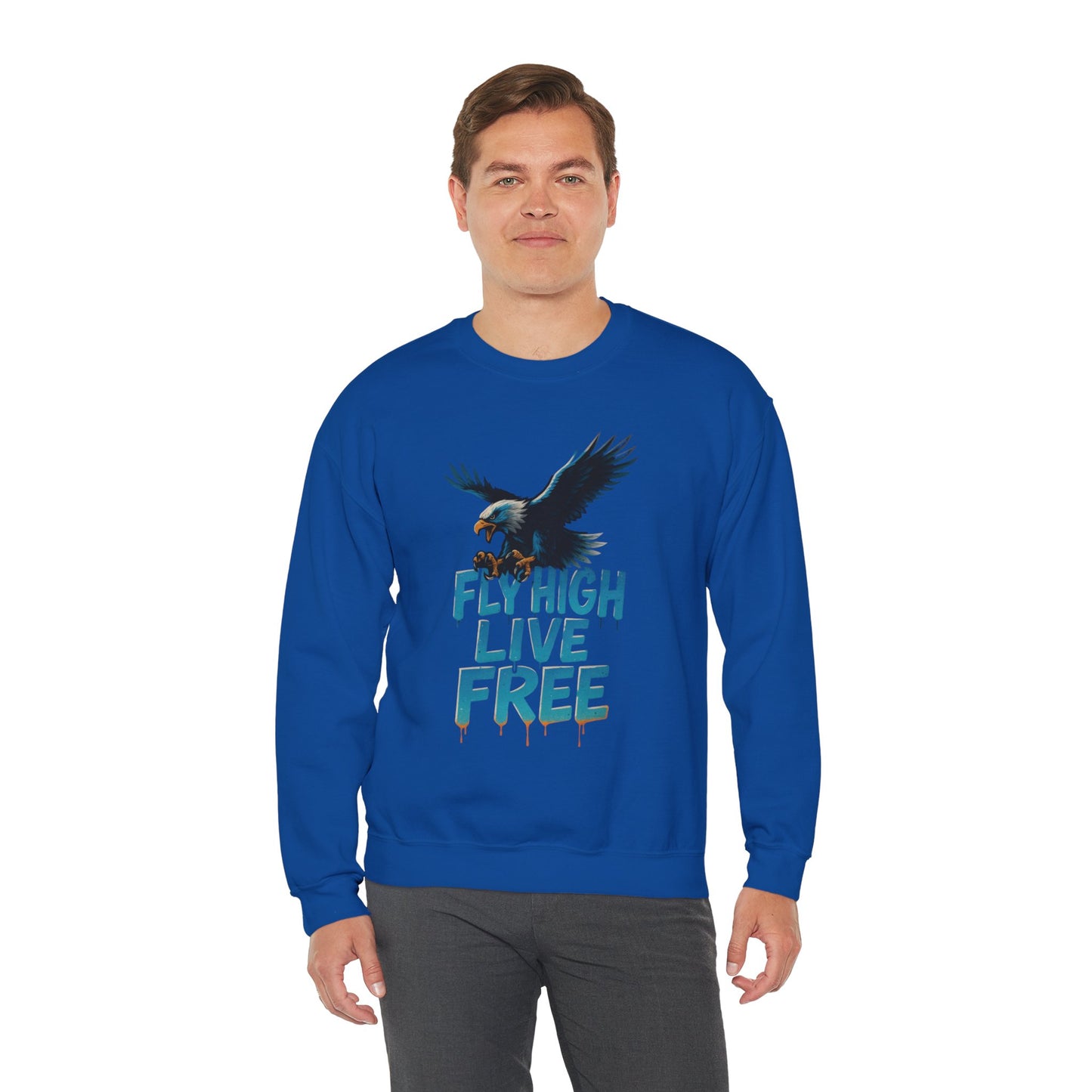 Mens Heavy Blend™ Crewneck Sweatshirt, Fly High Live Free Mens Eagle Graphic Sweatshirt