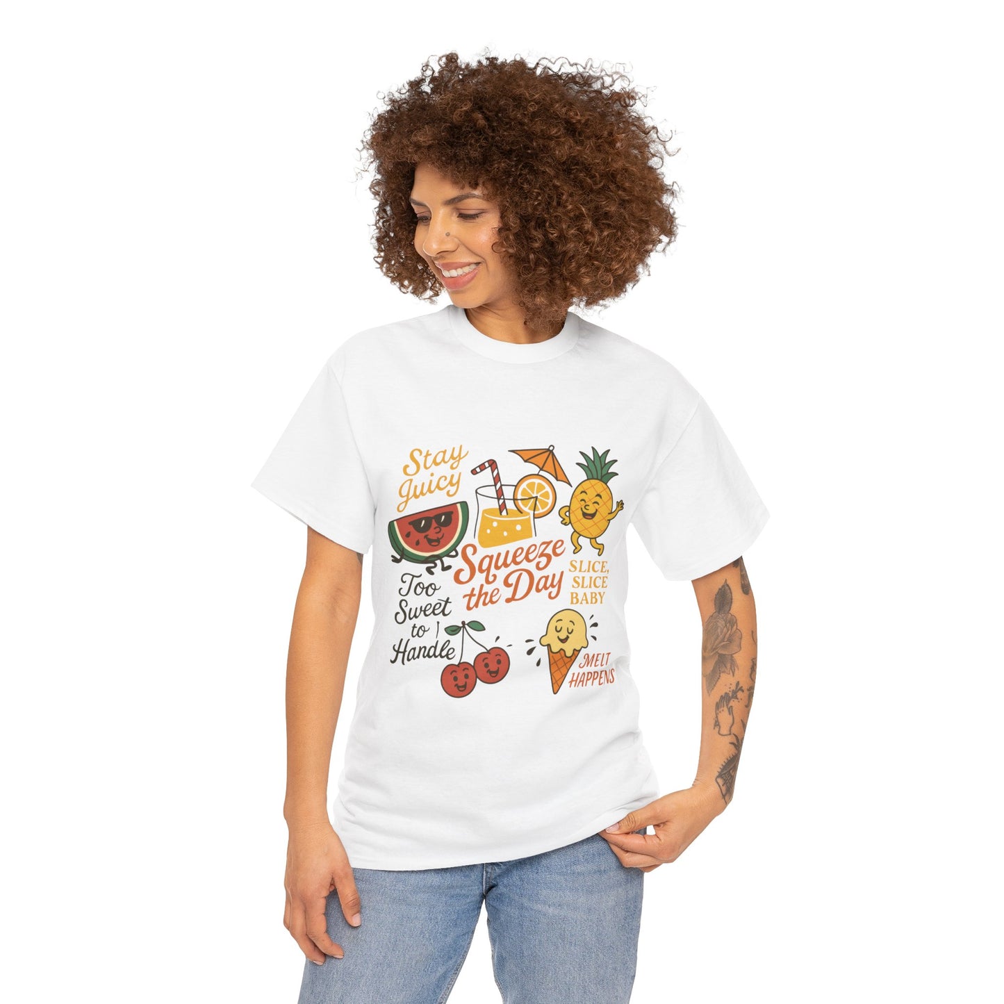 Cute Fruit Pun T-Shirt for Women, Summer Graphic Tee, Kawaii Watermelon Pineapple Ice Cream Design, Squeeze the Day Shirt, Stay Juicy Top