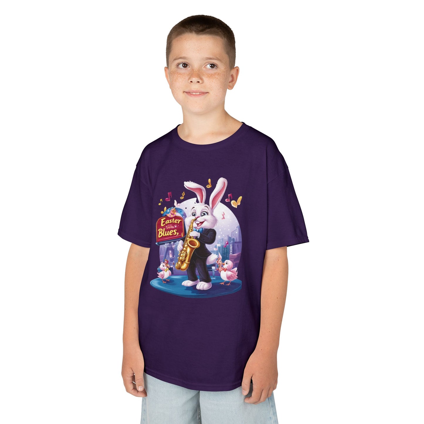 Easter Blues Bunny Kids T-Shirt - Cute Jazz Music Themed Tee for Boys and Girls, Fun Spring Gift, Bunny Playing Saxophone Design