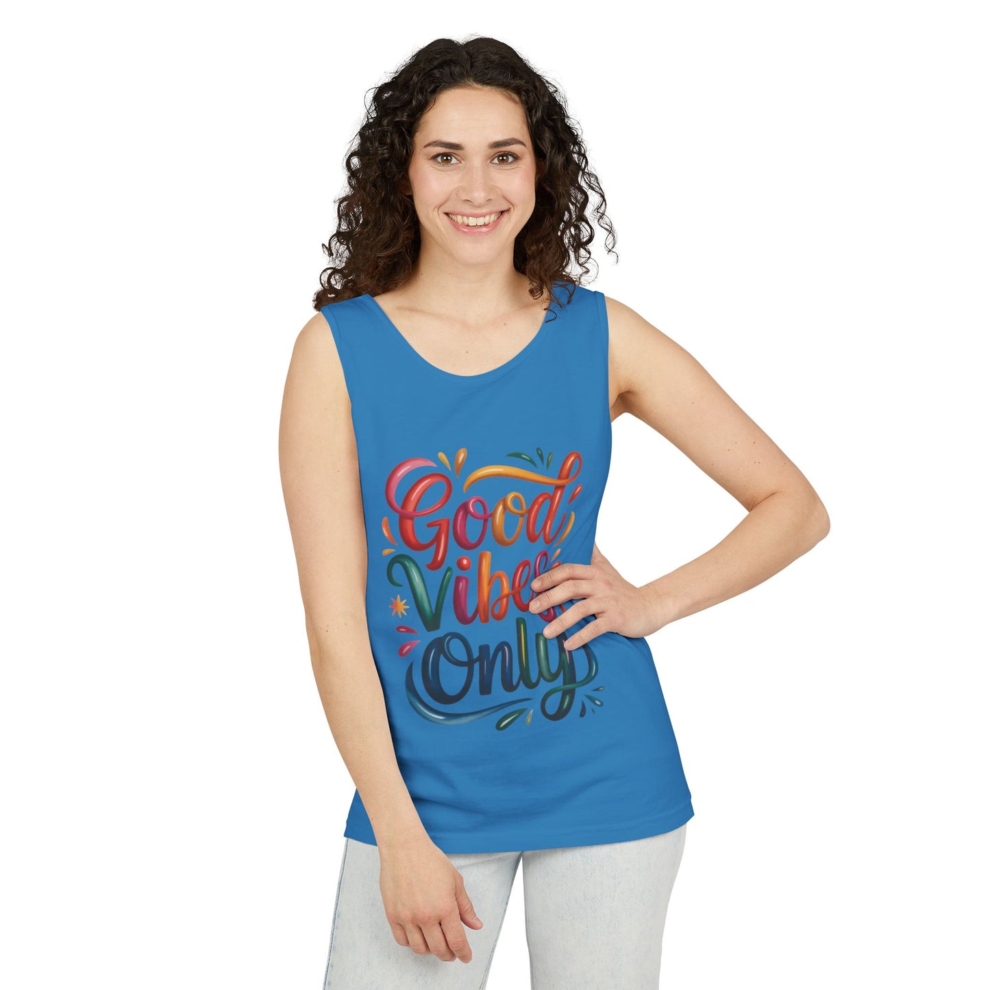 Good Vibes Only Unisex Garment-Dyed Tank Top, Summer Casual Wear, Festival Outfit, Beach Day Tee, Gift for Friends, Positive Vibes Apparel