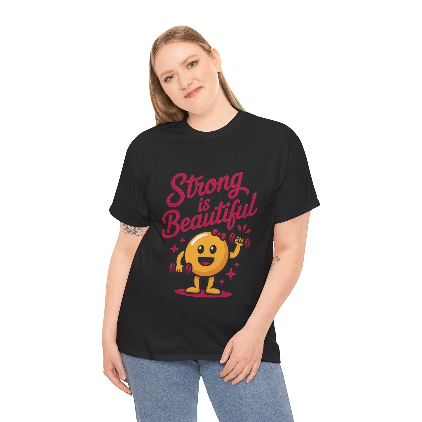 Strong is Beautiful Womens T-Shirt, Cute Fitness Character Graphic Tee, Inspirational Workout Shirt, Gym Motivation Gift for Her
