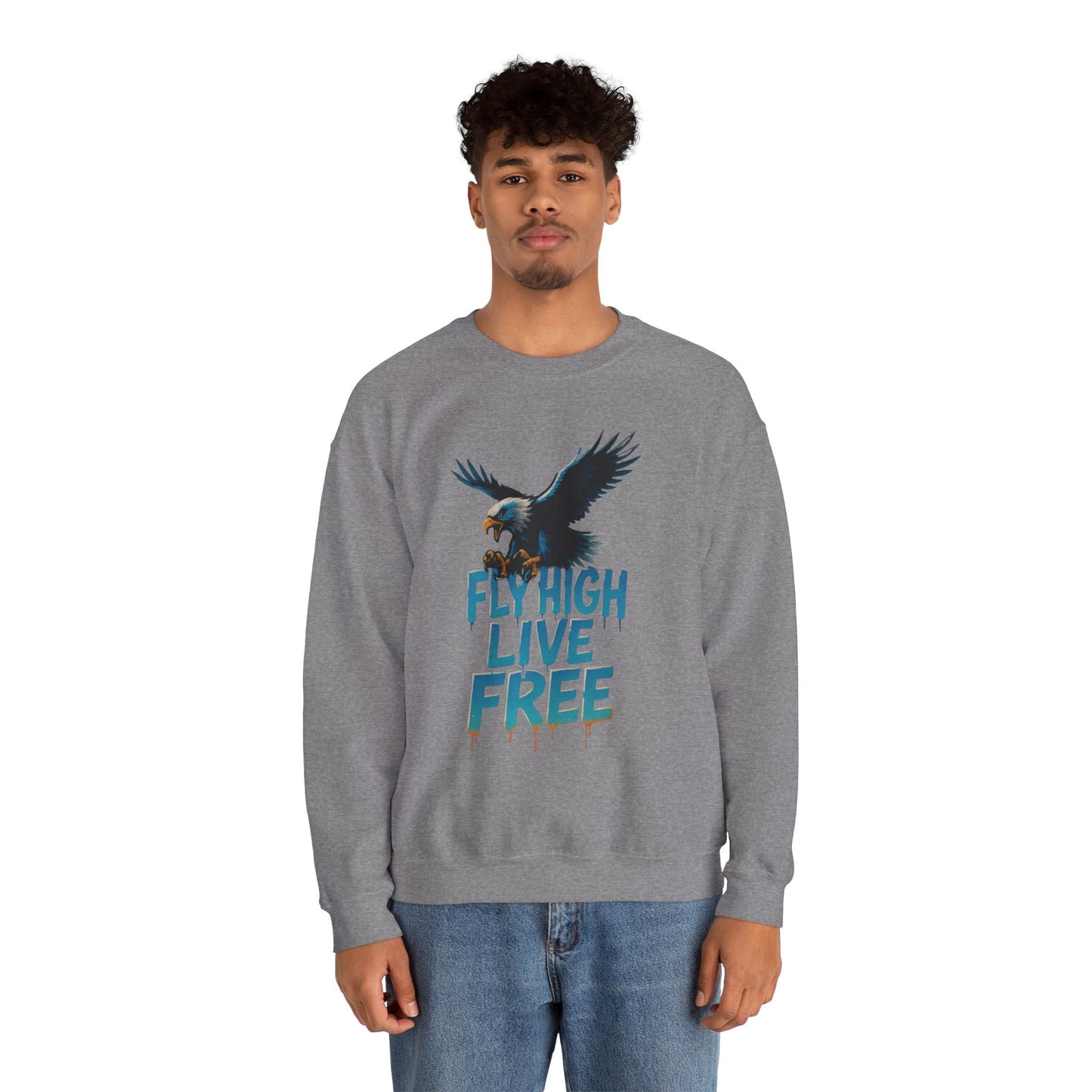 Mens Heavy Blend™ Crewneck Sweatshirt, Fly High Live Free Mens Eagle Graphic Sweatshirt