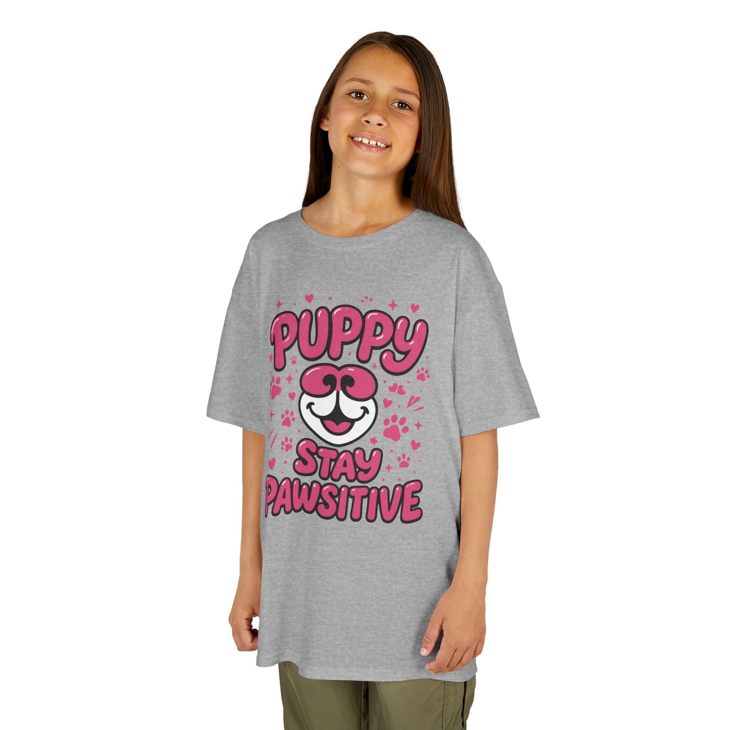Puppy Stay Pawsitive Youth T-Shirt - Cute Positive Dog Shirt for Teens - Fun Puppy Paw Graphic Kids Tee, Kids Gift, Pet Lover Shirt