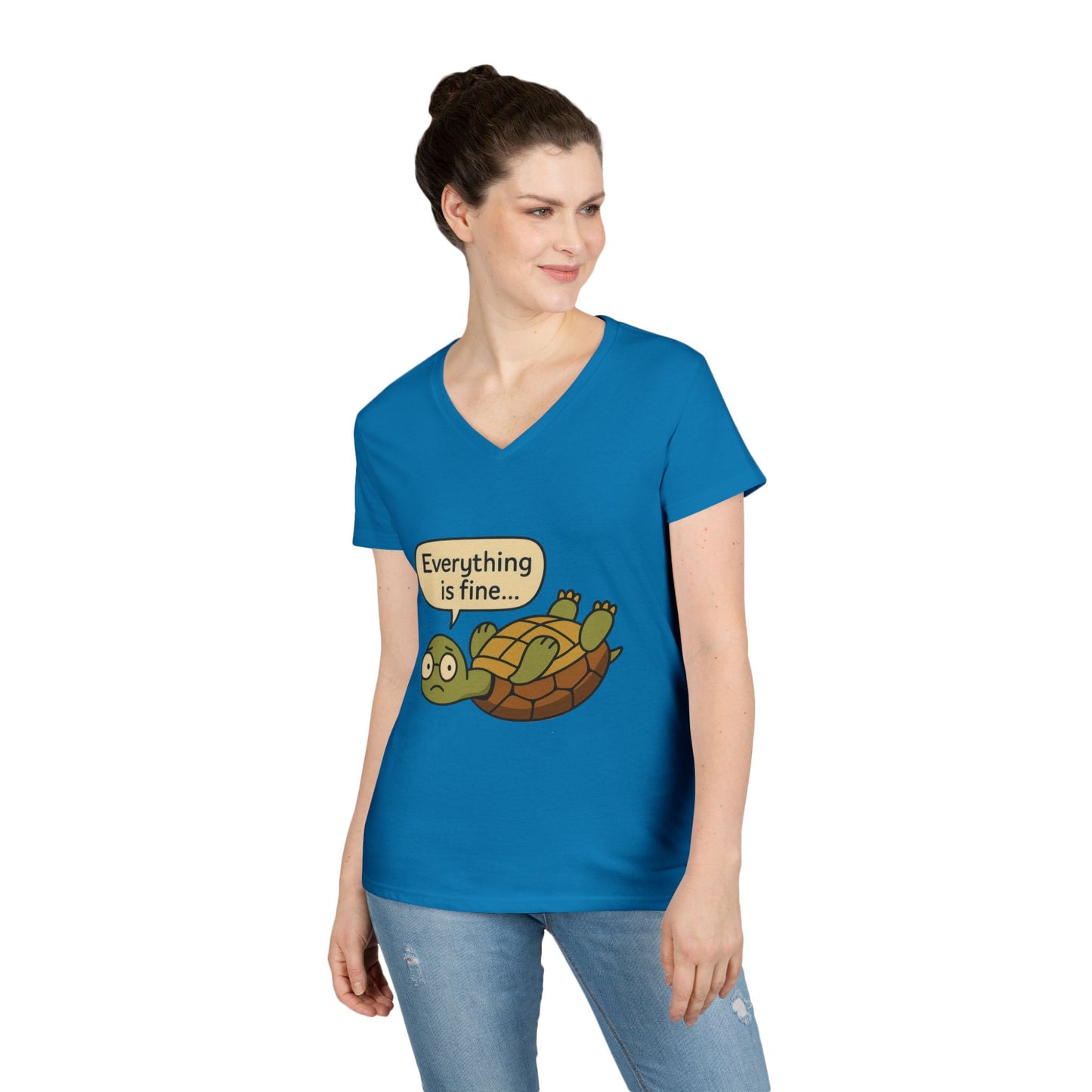 Cute & Comfy Turtle V-Neck T-Shirt - "Everything is fine..." design, Gift for Animal Lovers, Casual Wear, Fun Quotes, Positive message tee