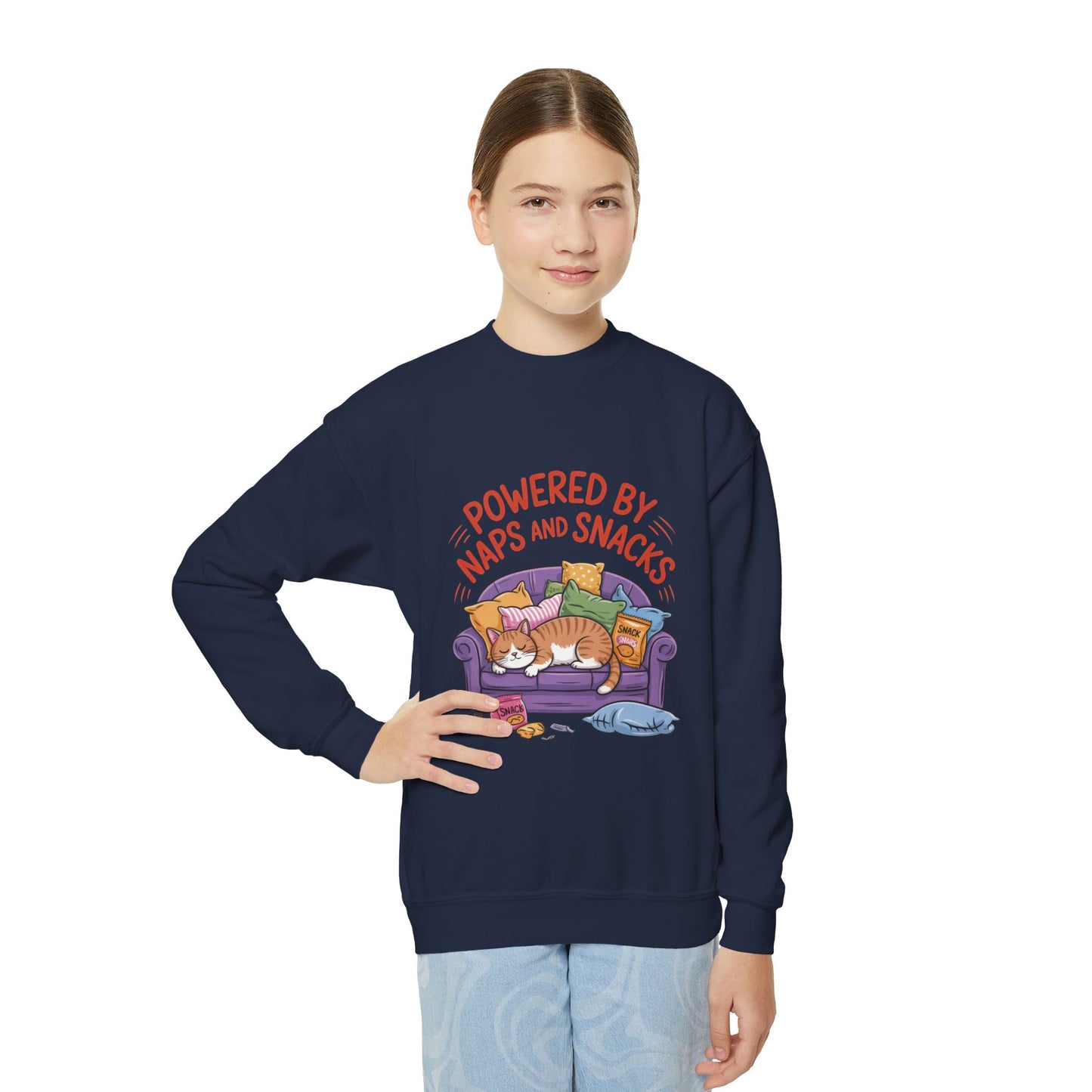 Youth Sweatshirt - Powered by Naps and Snacks, Cozy Apparel for Kids, Perfect for Chill Days, Gift for Cat Lovers, Funny Sweatshirt