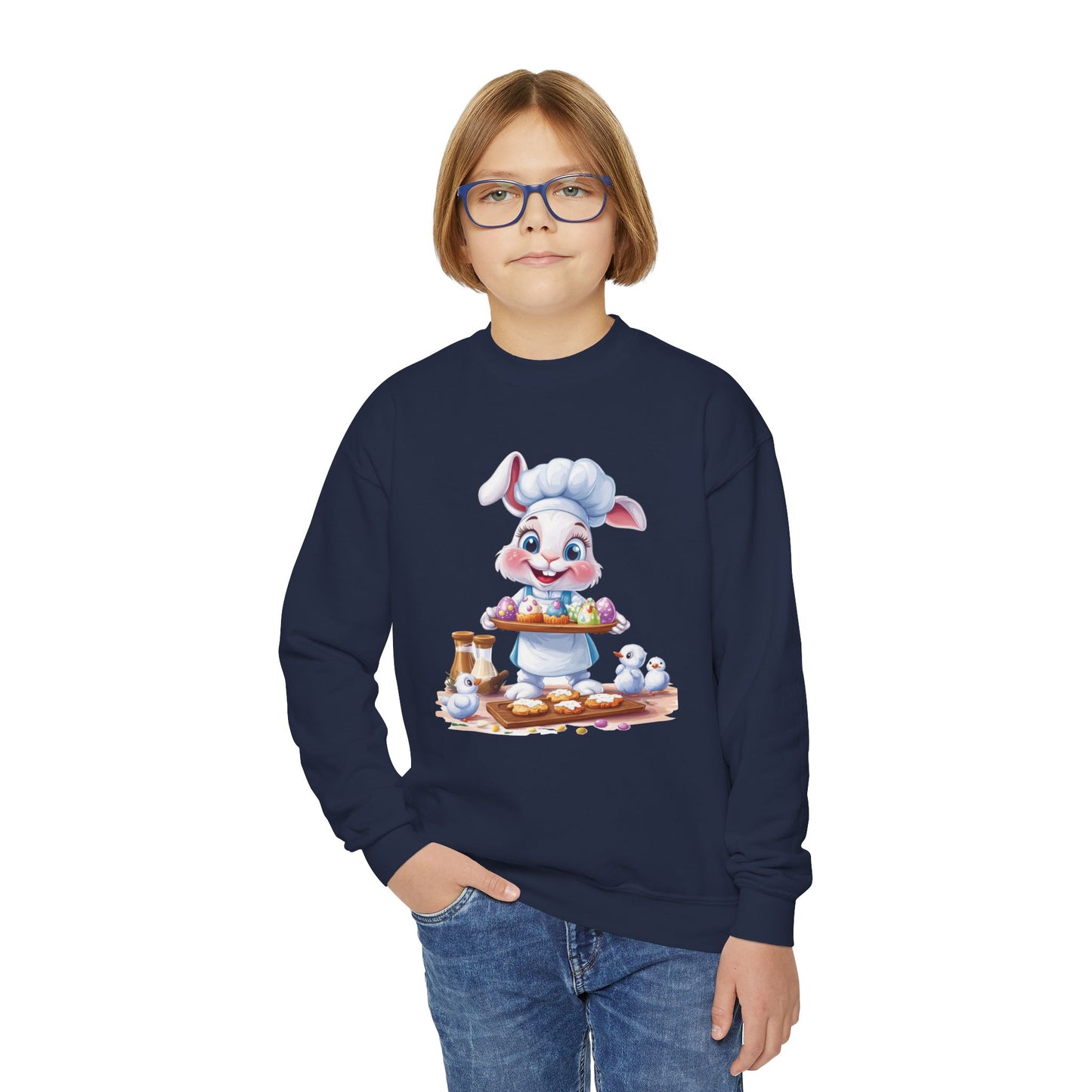 Easter Bunny Baker Youth Sweatshirt, Easter Gift, Kids Sweater, Cute Rabbit Design with Eggs, Spring Fashion, Easter Outfit for Kids