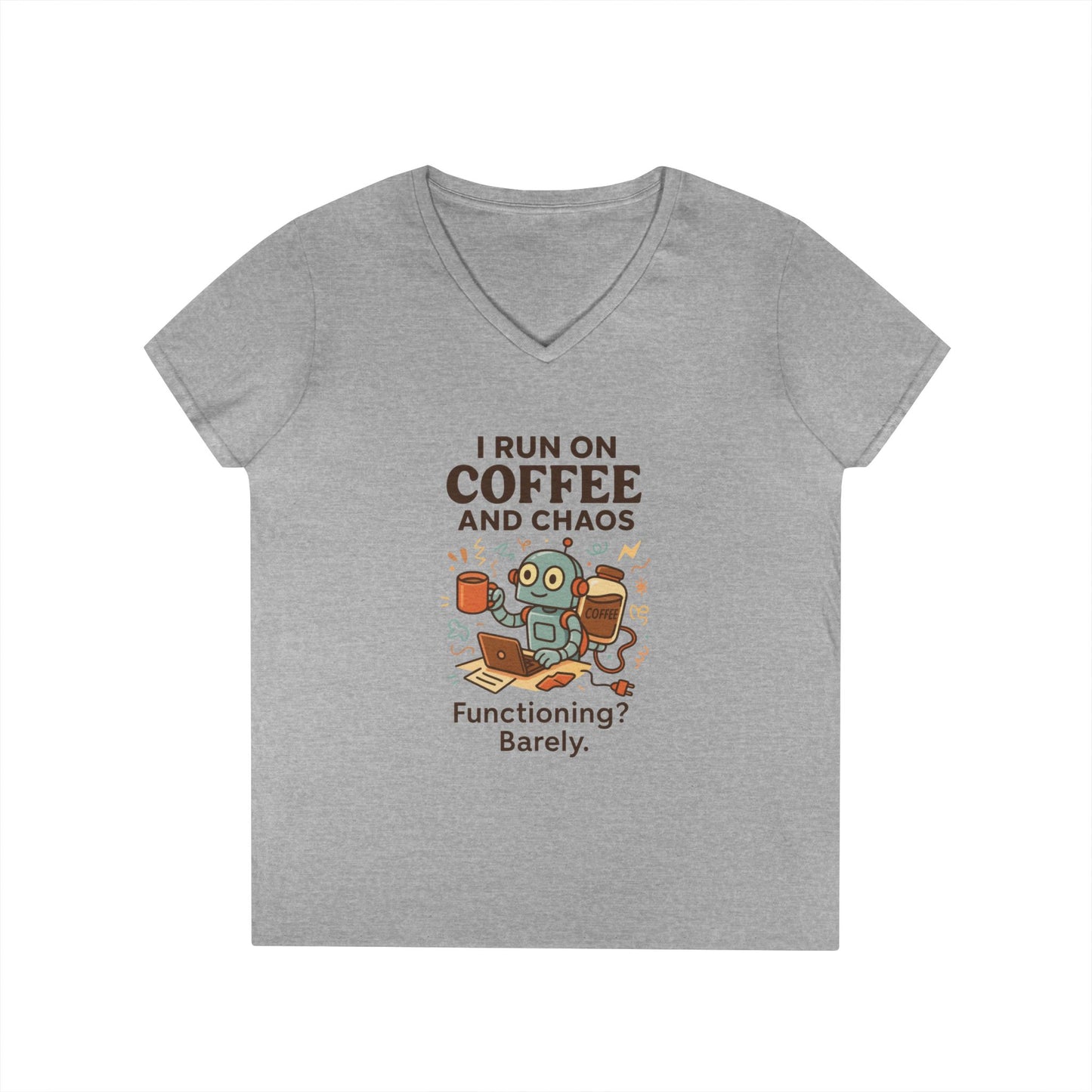 Funny Coffee and Chaos Ladies' V-Neck T-Shirt, Gift for Coffee Lovers, Quirky Tee, Casual Wear, Unique Humor Shirt, Work from Home Humor Tee