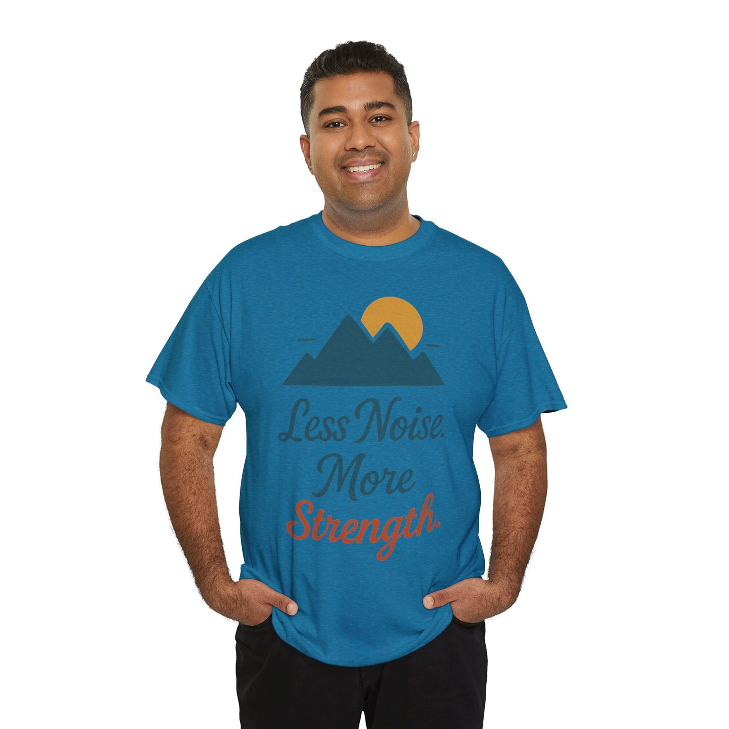Mens Less Noise More Strength Mountain T-Shirt, Motivational Gym Hiking Tee
