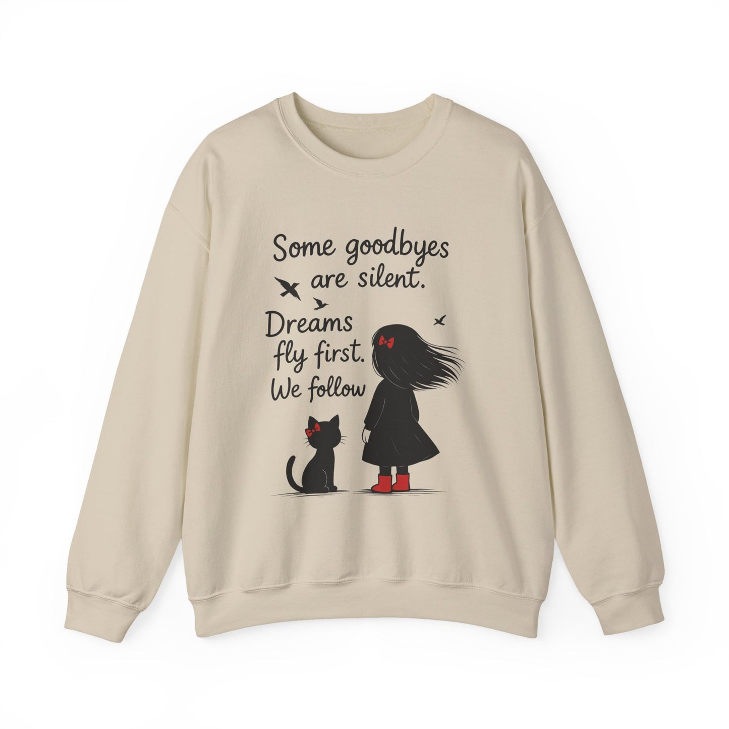 Cozy Farewell Girl & Cat Pullover, Hand Drawn Red Dress Art, Minimalist Womens Crewneck