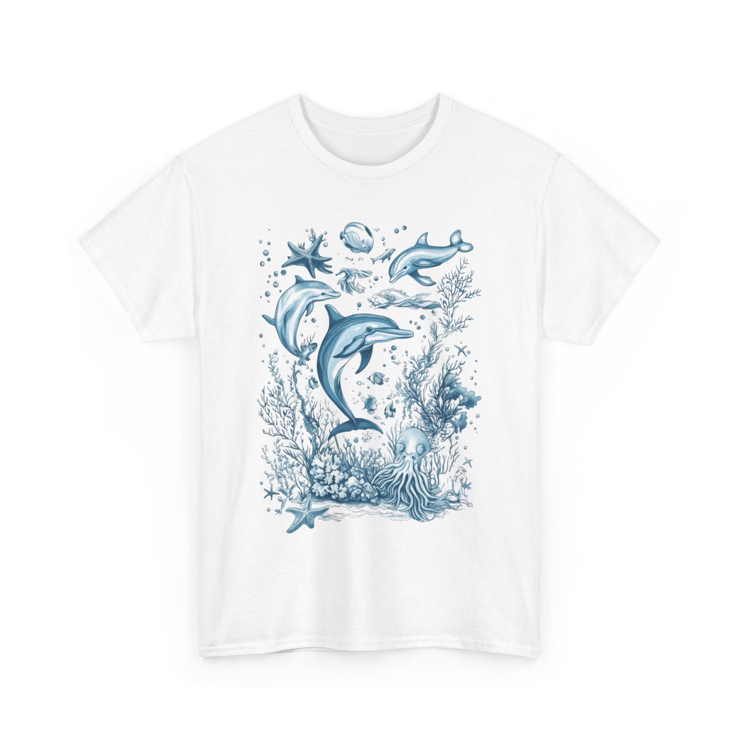 Ocean Life Dolphin T-Shirt, Women's Cotton Tee with Underwater Sea Creatures, Marine Nature Gift Shirt, Perfect for Beach Lovers