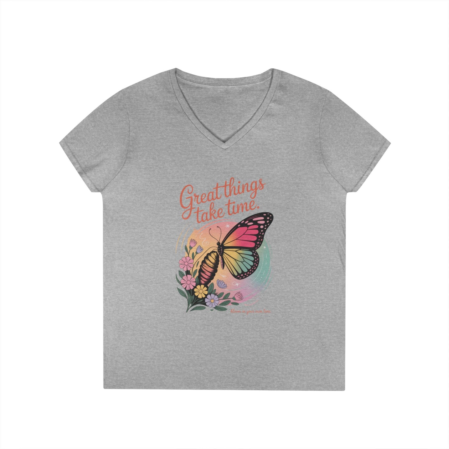Inspiring Ladies' V-Neck T-Shirt, Great Things Take Time Butterfly Design, Relaxation, Motivation, Nature, Motivational Women's Tee