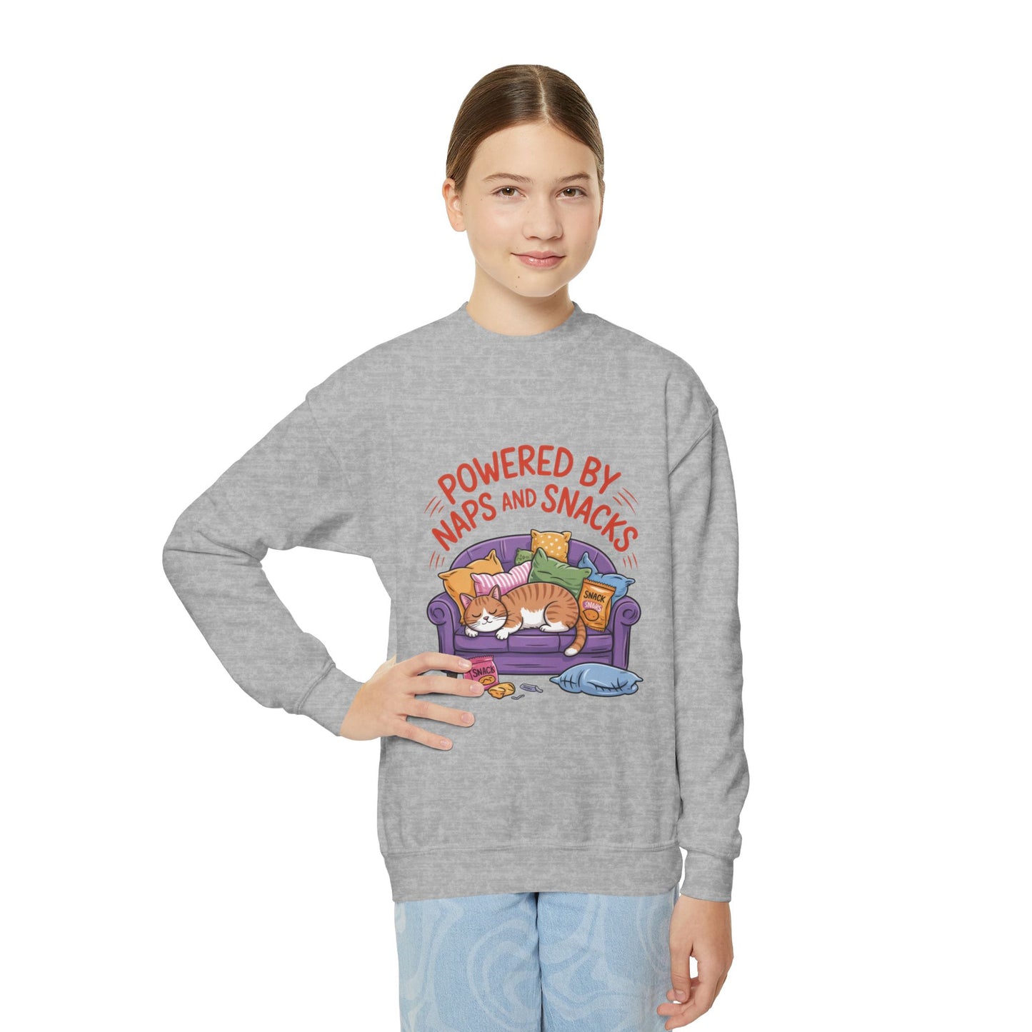 Youth Sweatshirt - Powered by Naps and Snacks, Cozy Apparel for Kids, Perfect for Chill Days, Gift for Cat Lovers, Funny Sweatshirt