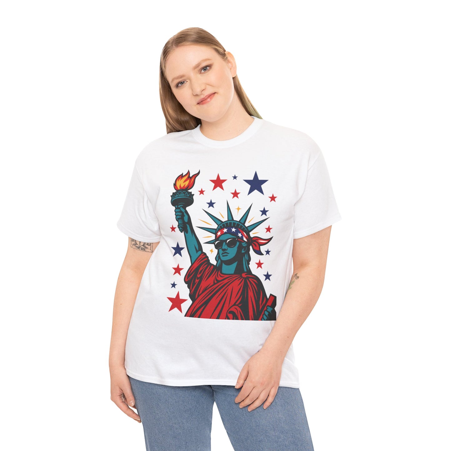 Lady Liberty Pop Art T-Shirt, Patriotic 4th of July Women’s Tee, Retro USA Bandana Statue Shirt
