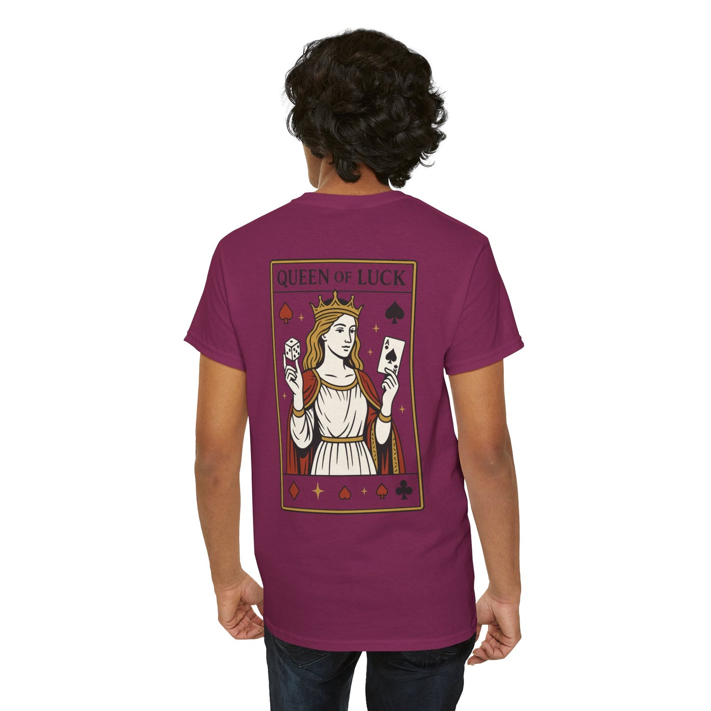 Queen of Luck Front & Back Print unisex T-Shirt, Roll the Dice Tee for Men, Vintage Gambling Shirt, Casino Gift, Poker Gift, Card Games Gift