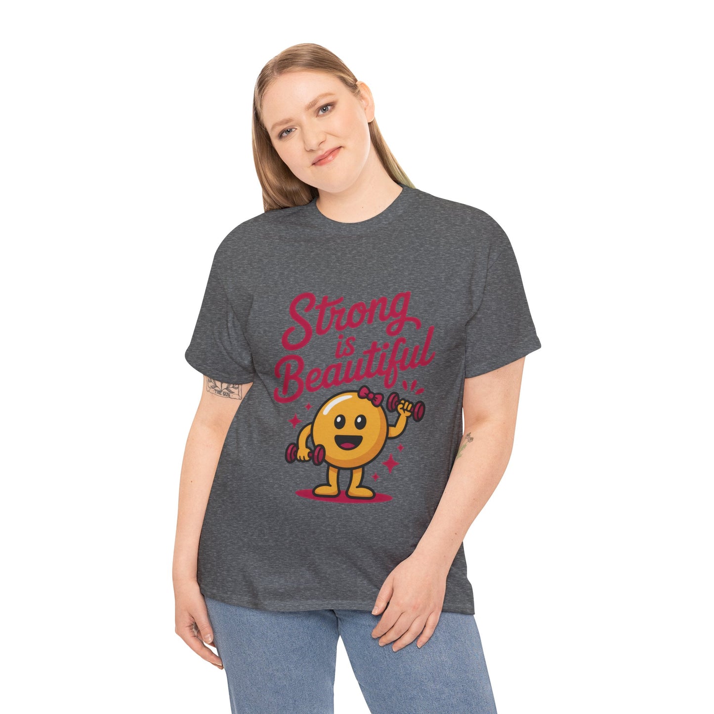 Strong is Beautiful Womens T-Shirt, Cute Fitness Character Graphic Tee, Inspirational Workout Shirt, Gym Motivation Gift for Her