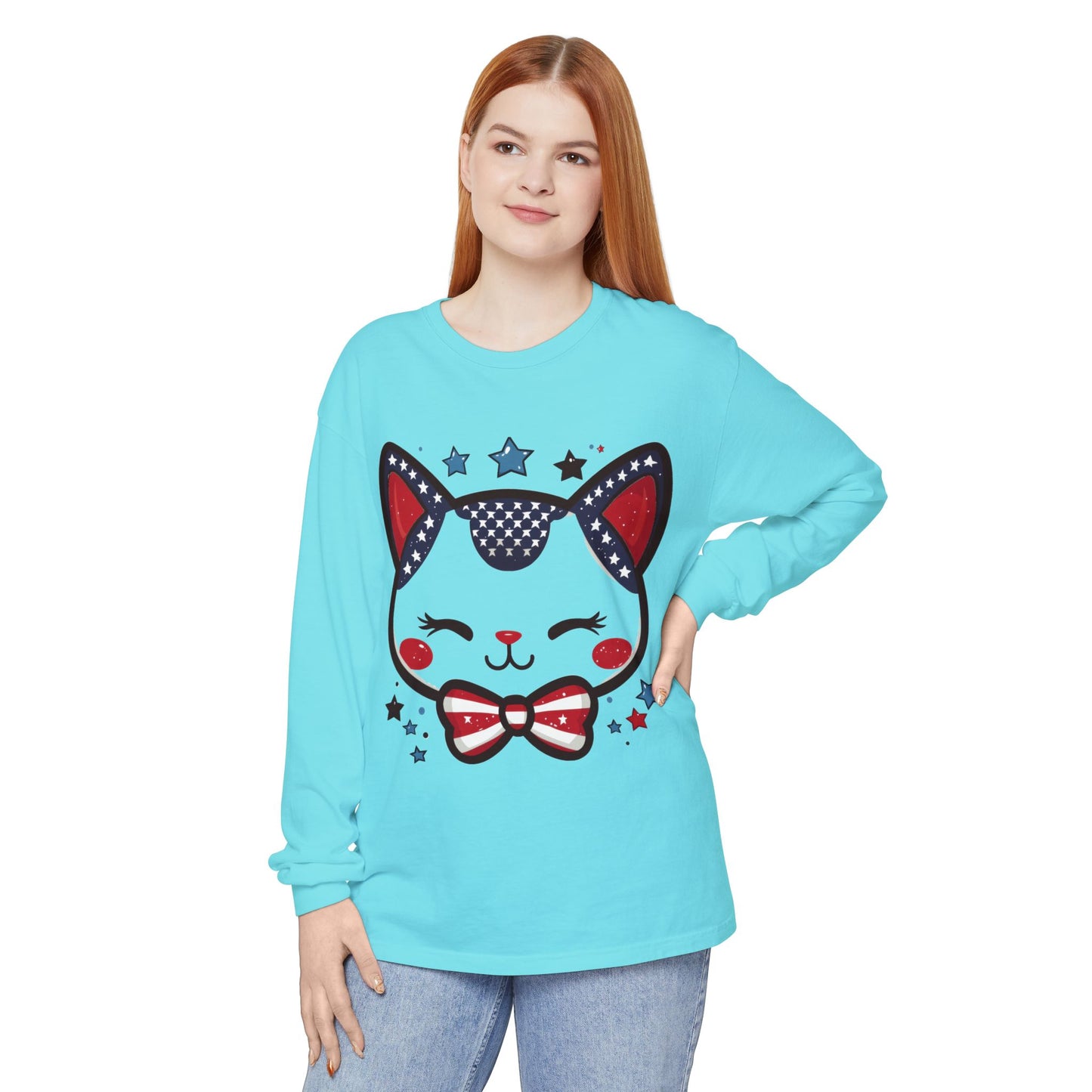 Cute Patriotic Cat Long Sleeve Women's T-Shirt, Fourth of July, Cat Lovers Gift, Casual Wear, Perfect for Holidays and Celebrations