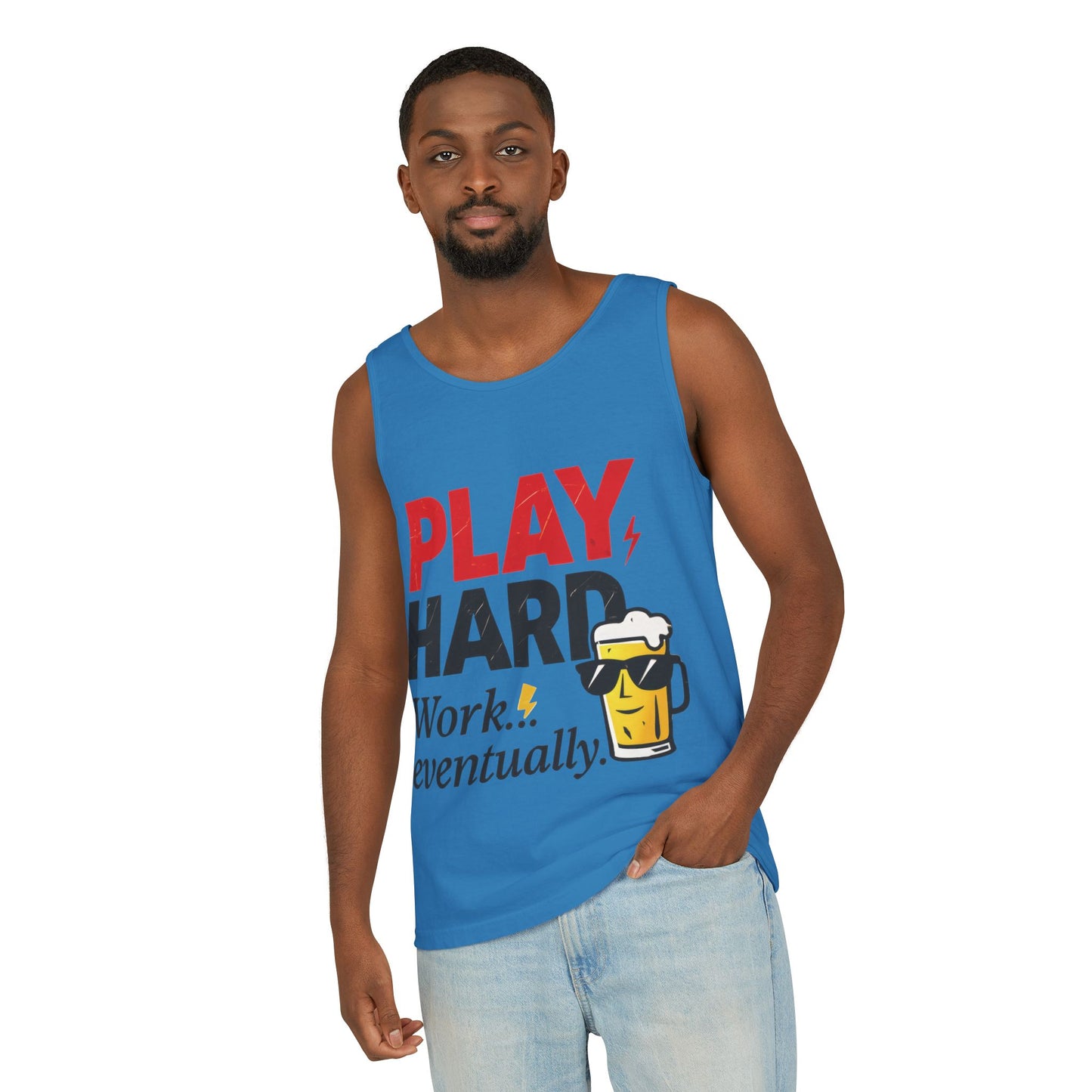 Casual Tank Top with Play Hard Print, Fun Summer Apparel, Gift for Dad or Friends, Beach Wear, Workout Top, Party Attire