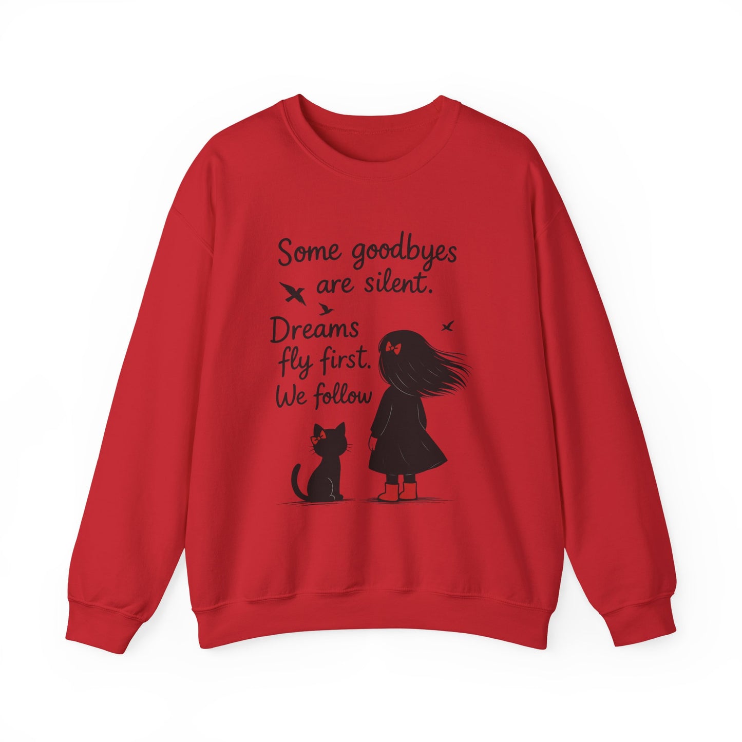 Cozy Farewell Girl & Cat Pullover, Hand Drawn Red Dress Art, Minimalist Womens Crewneck