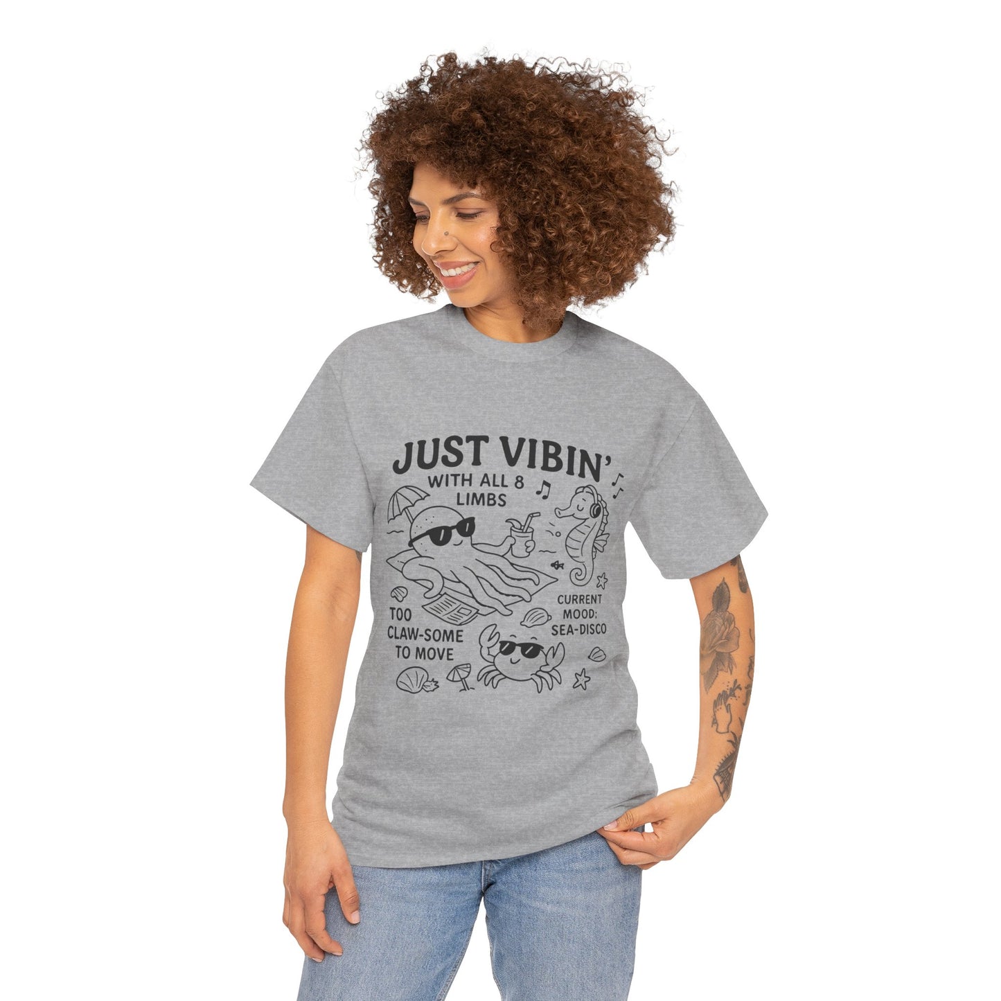 Just Vibin Womens T-Shirt, Cute Octopus & Sea Animals Graphic Tee, Funny Sea Disco Summer Shirt, Beach Vibes Gift for Her, Ocean Theme