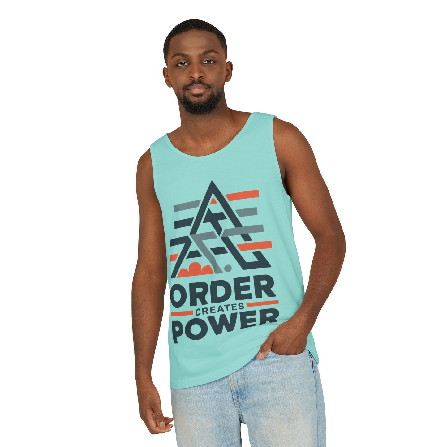 Mens Garment-Dyed Tank Top, Mens Tank Top Order Creates Power, Minimal Geometric Motivational Graphic Summer Shirt