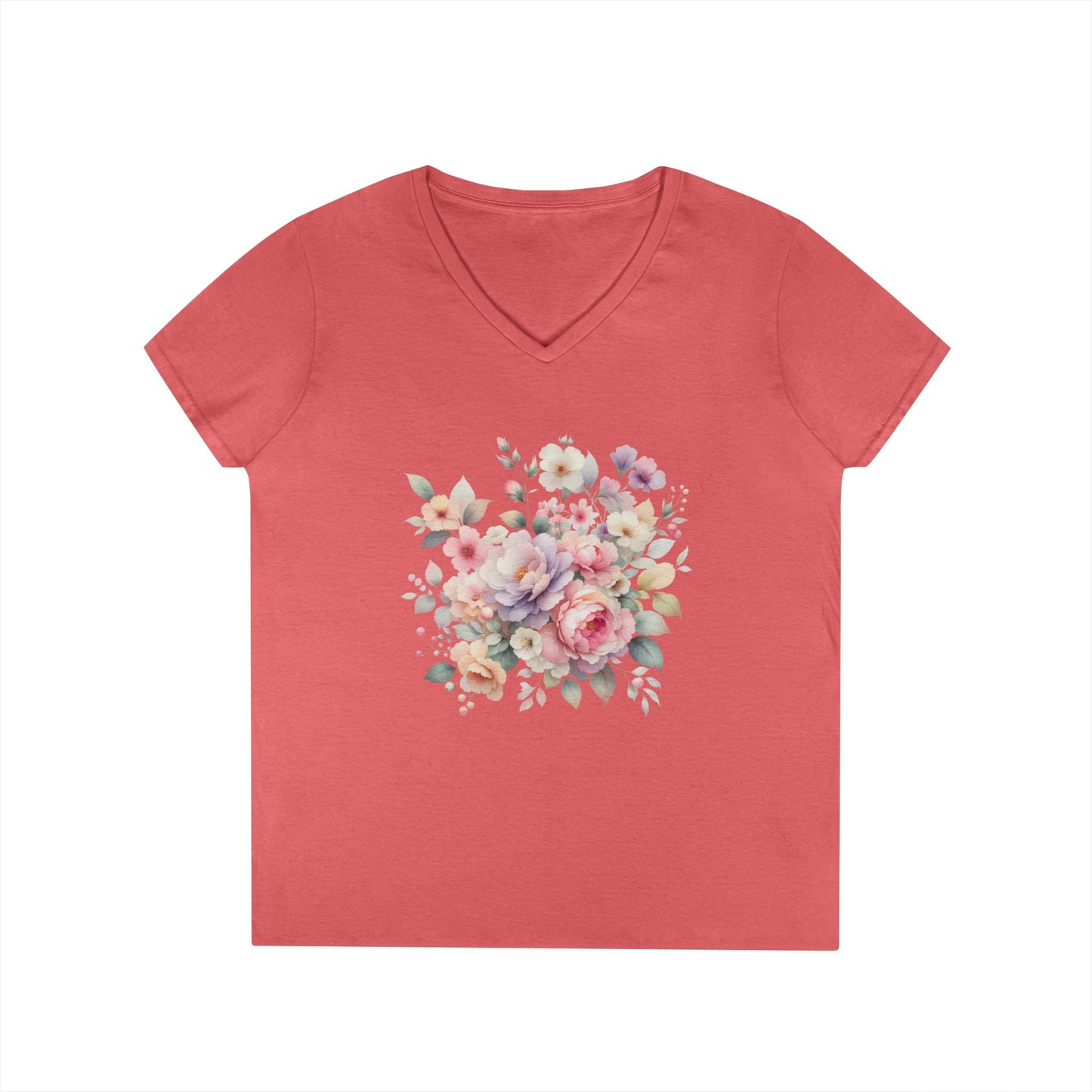 Pastel Floral Bouquet Ladies' V-Neck T-Shirt, Romantic Soft Vintage Flower Tee, Spring Fashion, Gift for Her, Everyday Wear
