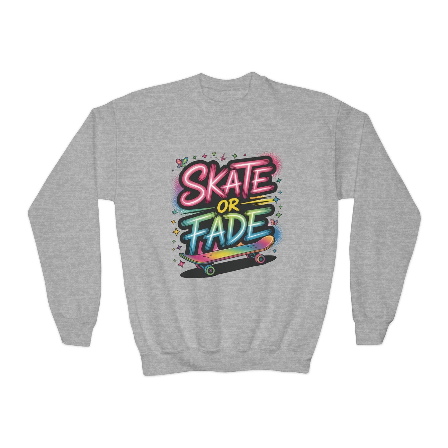 Youth Crewneck Sweatshirt, Skate Or Fade Girls Sweatshirt, Colorful Graffiti Skateboarding Crewneck Sweatshirt, Youth Streetwear Gift