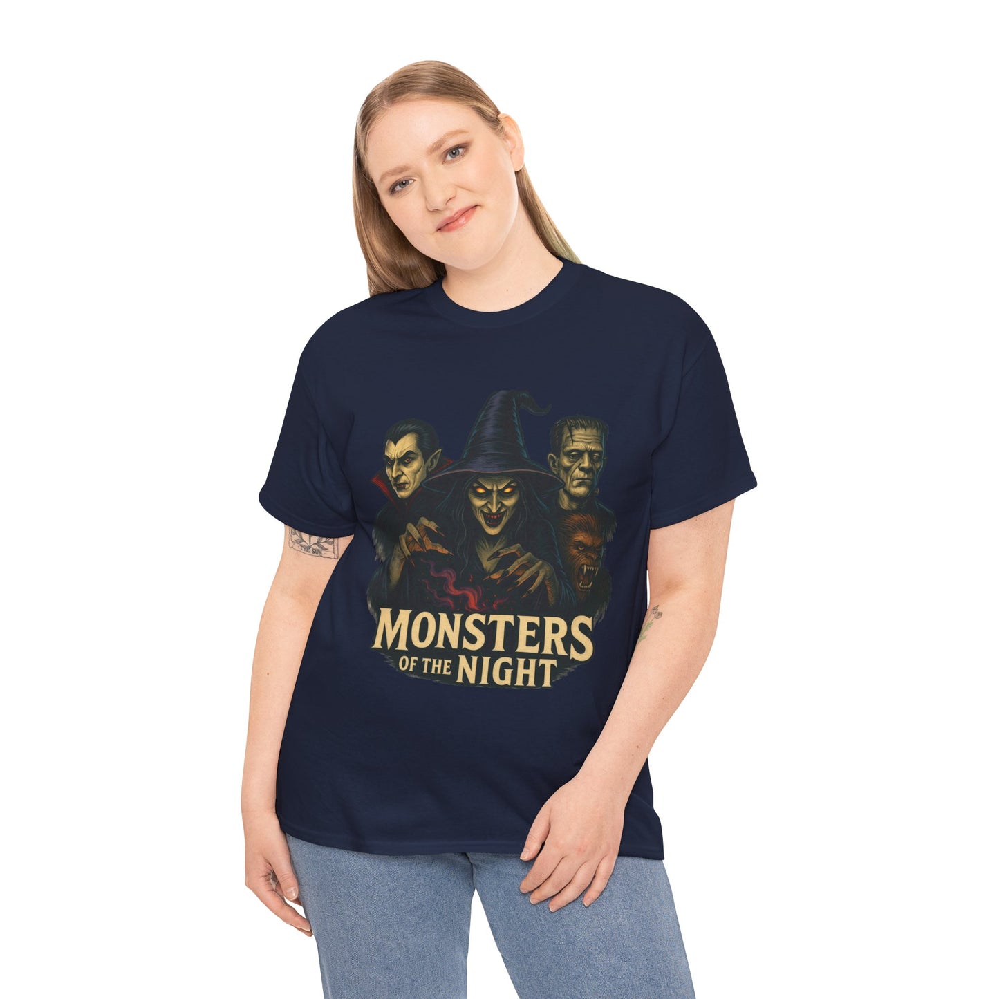 Monsters of the Night Women's T-Shirt, Classic Horror Witch, Vampire, Frankenstein Halloween Tee