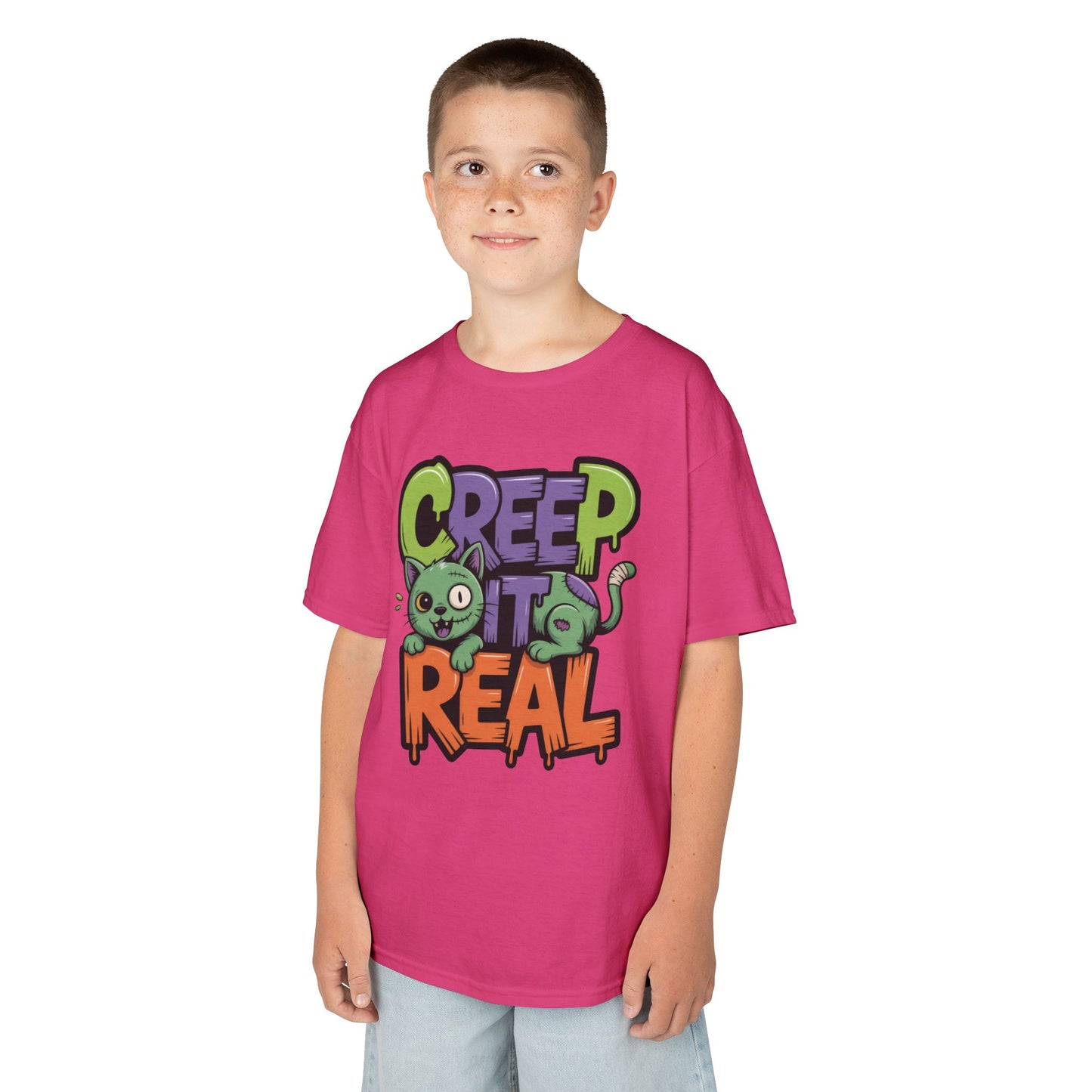 Creep It Real Kids Halloween Shirt, Cute Zombie Cat Graffiti Style T-Shirt for Boys & Girls