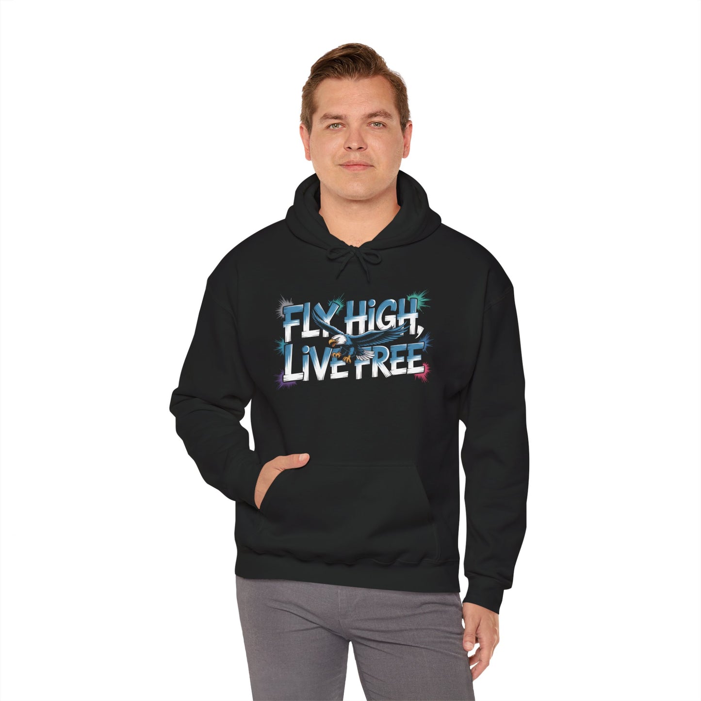 Mens Heavy Blend™ Hooded Sweatshirt, Fly High Live Free Eagle Mens Hoodie Streetwear