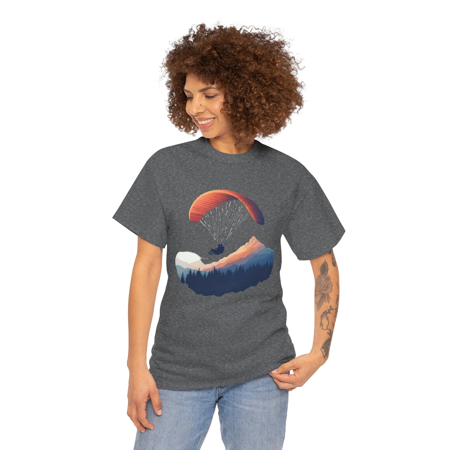 Paragliding Adventure T-Shirt, Mountain Landscape Tee, Nature Travel Lover Shirt, Outdoor Hiking Gift, Unisex Heavy Cotton Tee