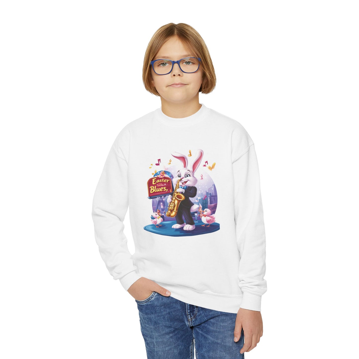 Jazz Bunny Easter Kids Sweatshirt - Cute Saxophone Playing Bunny Design, Fun Spring Crewneck, Holiday Gift for Boys and Girls