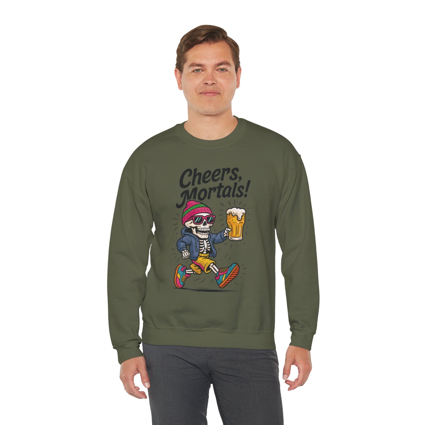 Cheers Mortals! Mens Crewneck Sweatshirt, Skeleton Beer Pullover with Hood, Drinking Humor Sweatshirt, Party Gift for Him, Halloween Apparel