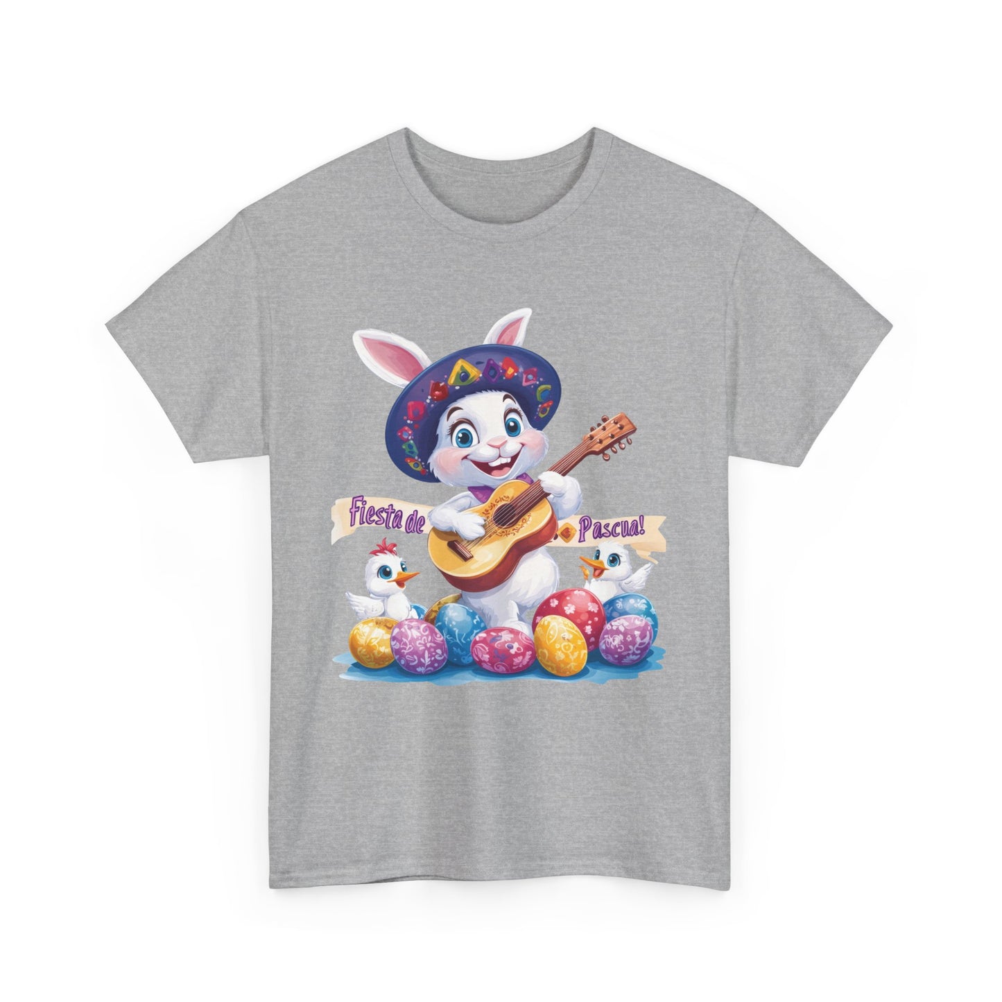 Fiesta de Pascua Bunny Shirt, Funny Easter Rabbit Playing Guitar Tee, Colorful Unisex Heavy Cotton T-Shirt, Cute Holiday Celebration Gift