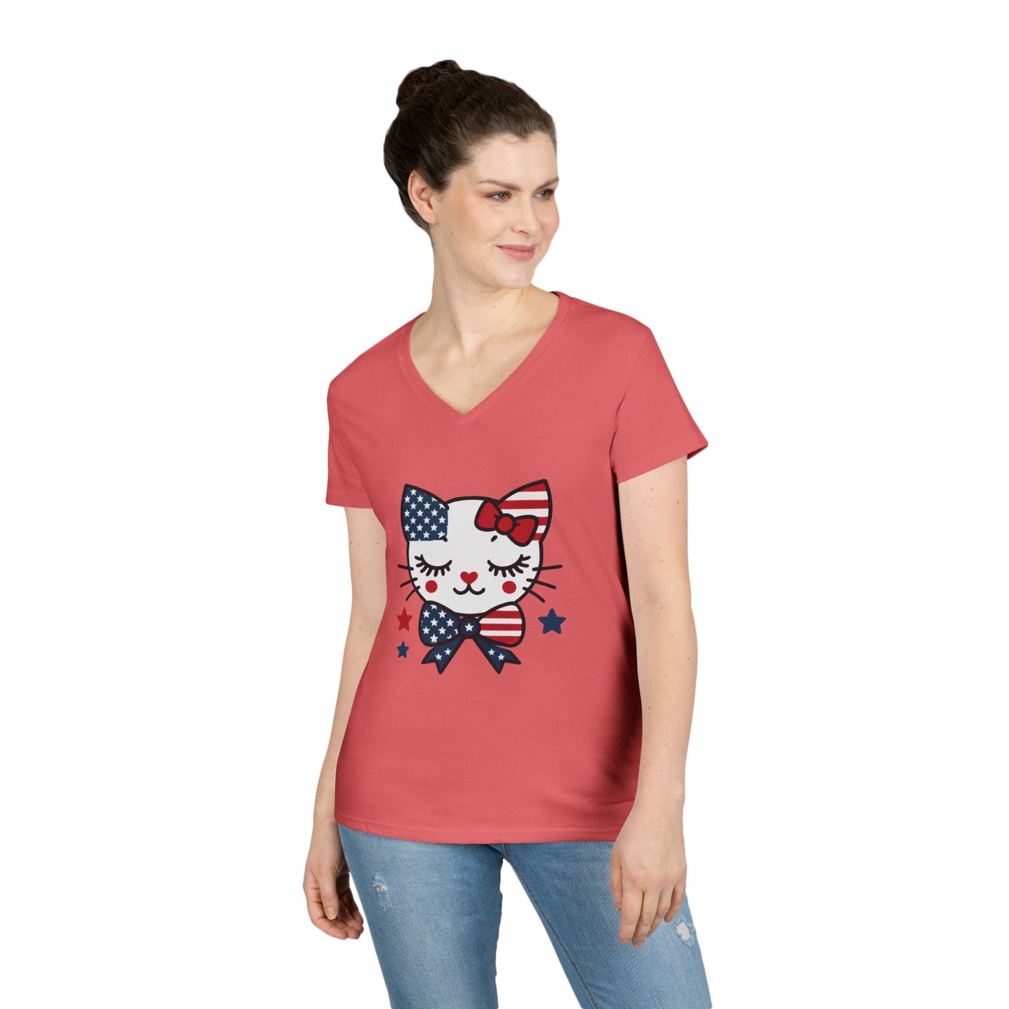 Patriotic Cat Ladies' V-Neck T-Shirt, Cute Tee, July 4th Top, Independence Day Shirt, Gift for Cat Lovers, Casual Summer Wear
