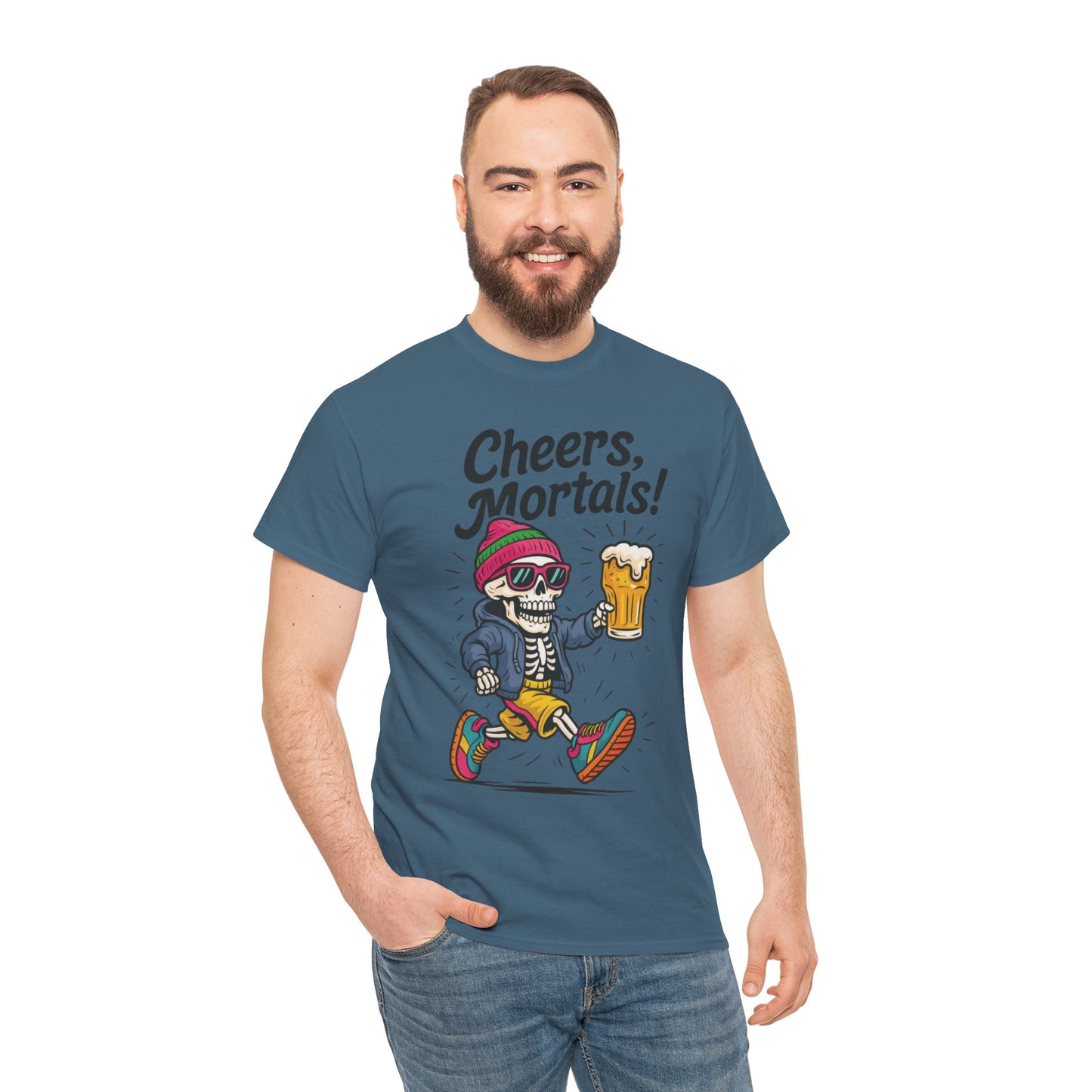 Cheers, Mortals! Mens Tee, Funny Skeleton Beer Graphic Tee, Cool Drinking Humor Shirt, Party Gift for Him, Halloween Tee, Beer Lovers Gift
