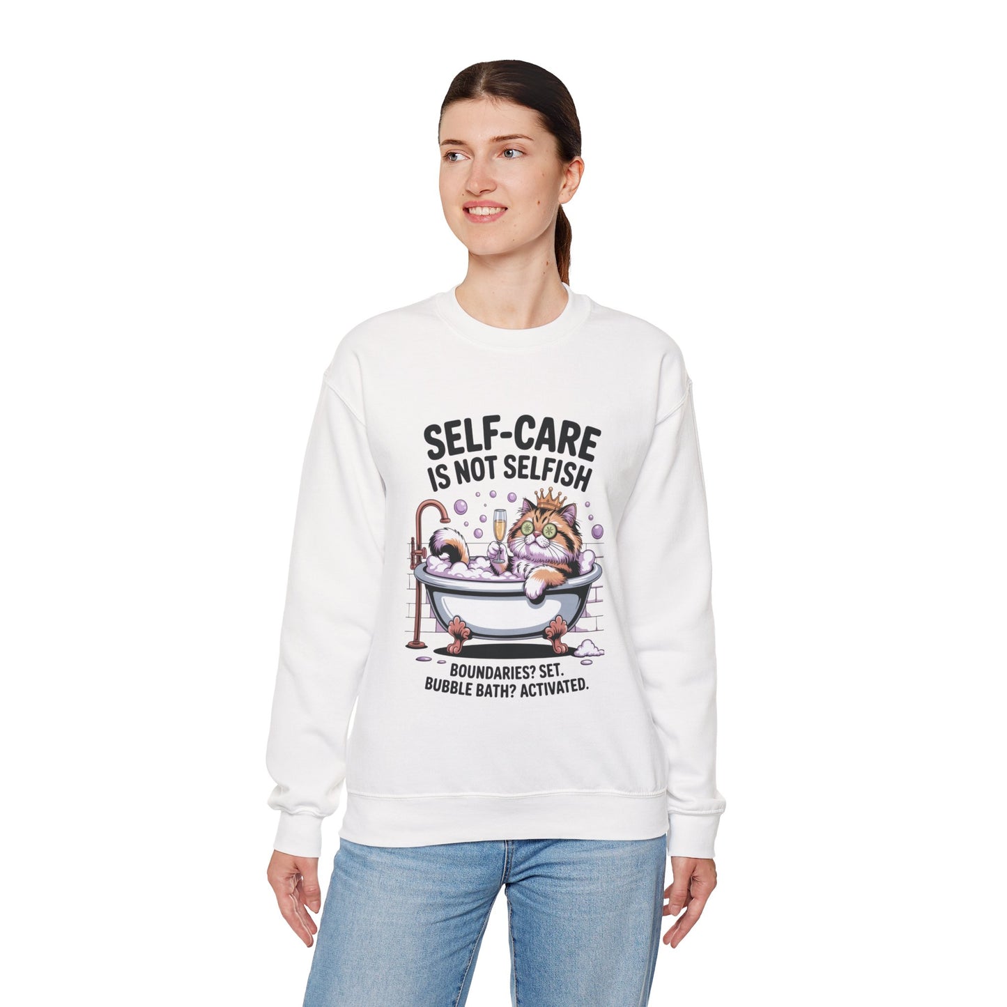 Womens Crewneck Sweatshirt, Self-Care Cat Shirt, Funny Cat Tee, Relaxing Kitty Graphic, Self Care Is Not Selfish Womens Sweatshirt