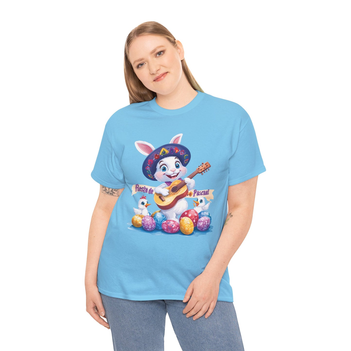 Fiesta de Pascua Bunny Shirt, Funny Easter Rabbit Playing Guitar Tee, Colorful Unisex Heavy Cotton T-Shirt, Cute Holiday Celebration Gift