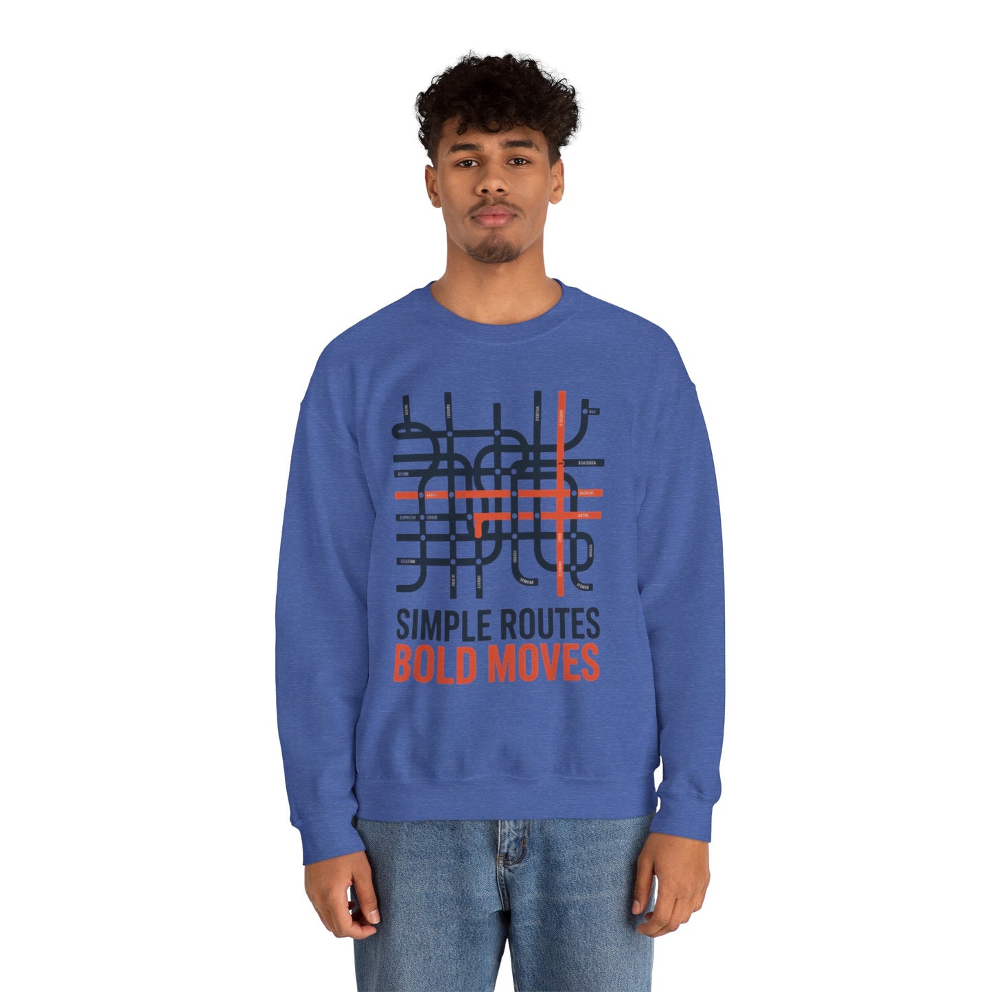 Men's Heavy Blend™ Crewneck Sweatshirt, Simple Routes Bold Moves Sweatshirt, Minimalist Metro Map Graphic Pullover