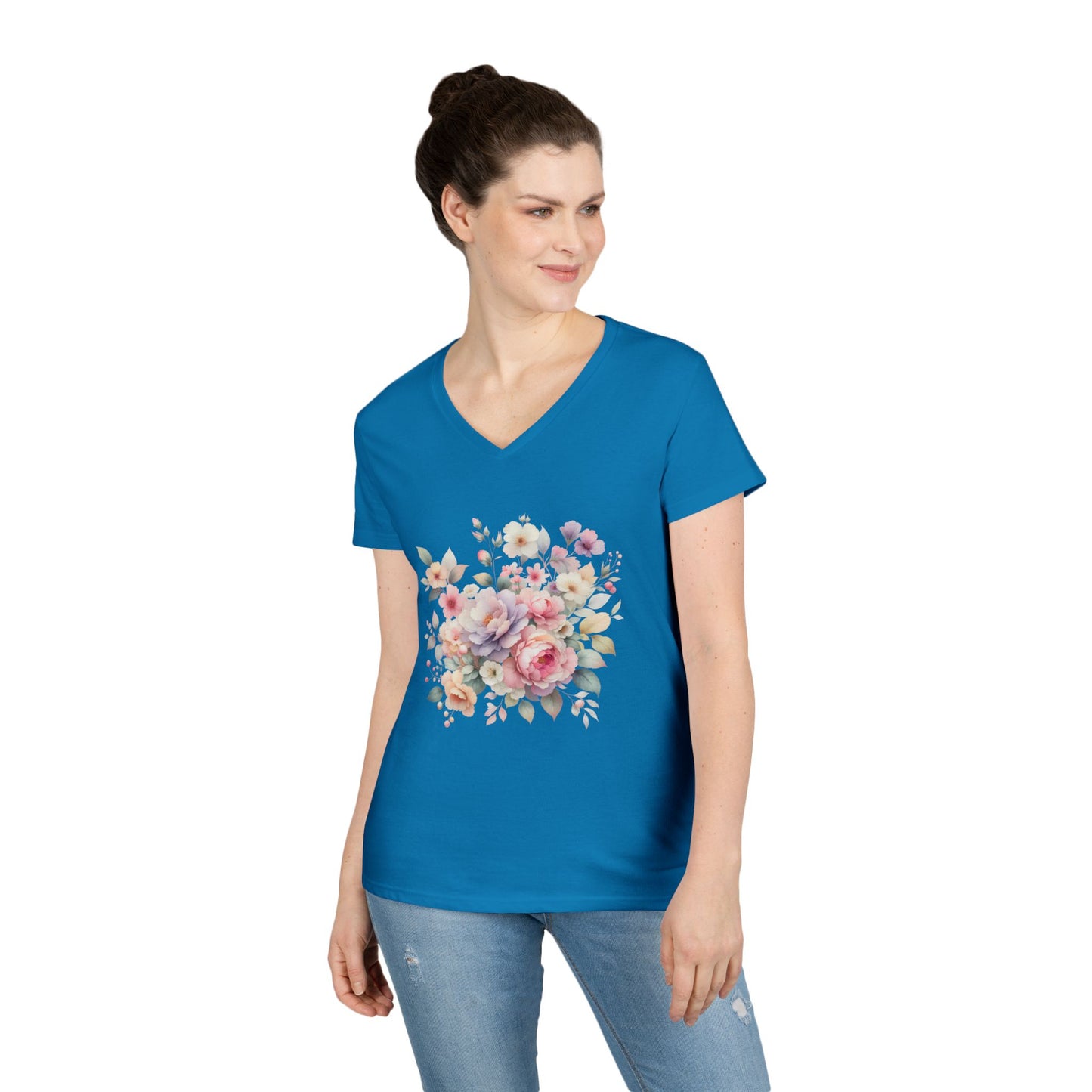 Pastel Floral Bouquet Ladies' V-Neck T-Shirt, Romantic Soft Vintage Flower Tee, Spring Fashion, Gift for Her, Everyday Wear