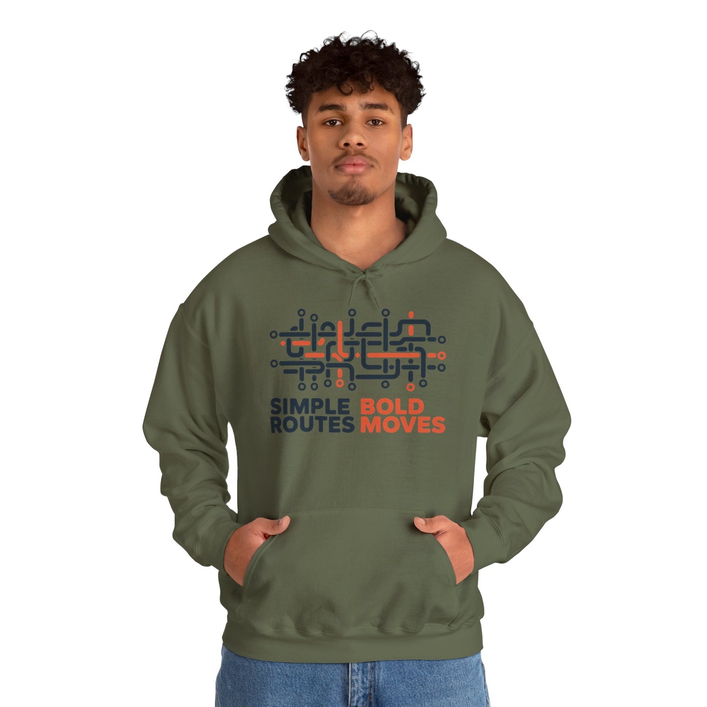 Men's Heavy Blend™ Hooded Sweatshirt, Simple Routes Bold Moves Hoodie, Unisex Metro Map Graphic, Urban Streetwear