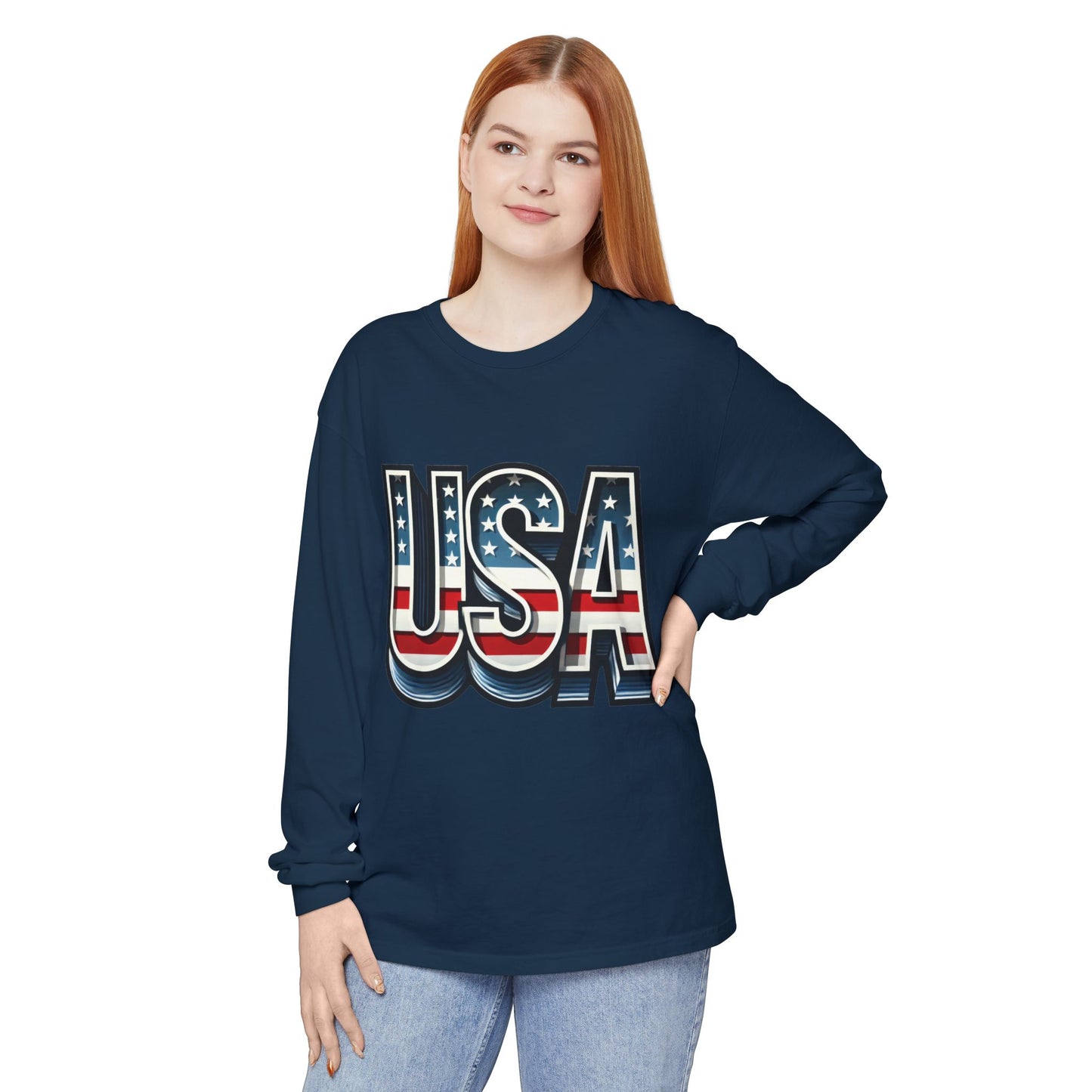 Patriotic Long Sleeve Unisex T-Shirt, USA Design, Unisex Tee for Independence Day, Memorial Day, Family Celebrations, Casual Wear