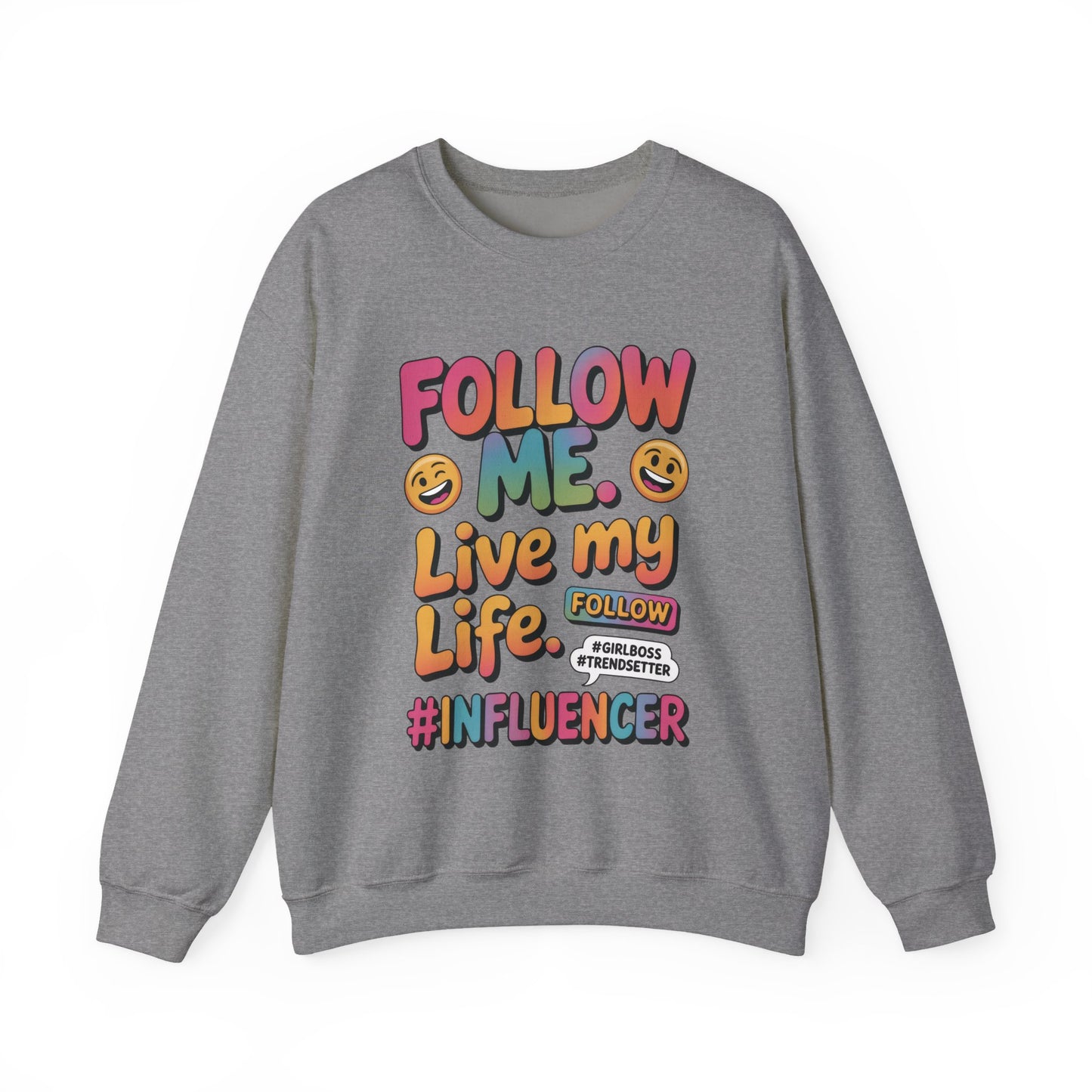 Womens Heavy Blend™ Crewneck Sweatshirt, Influencer Sweatshirt, Colorful Follow Me Live My Life Graphic Sweatshirt, Trendy GirlBoss Outfit