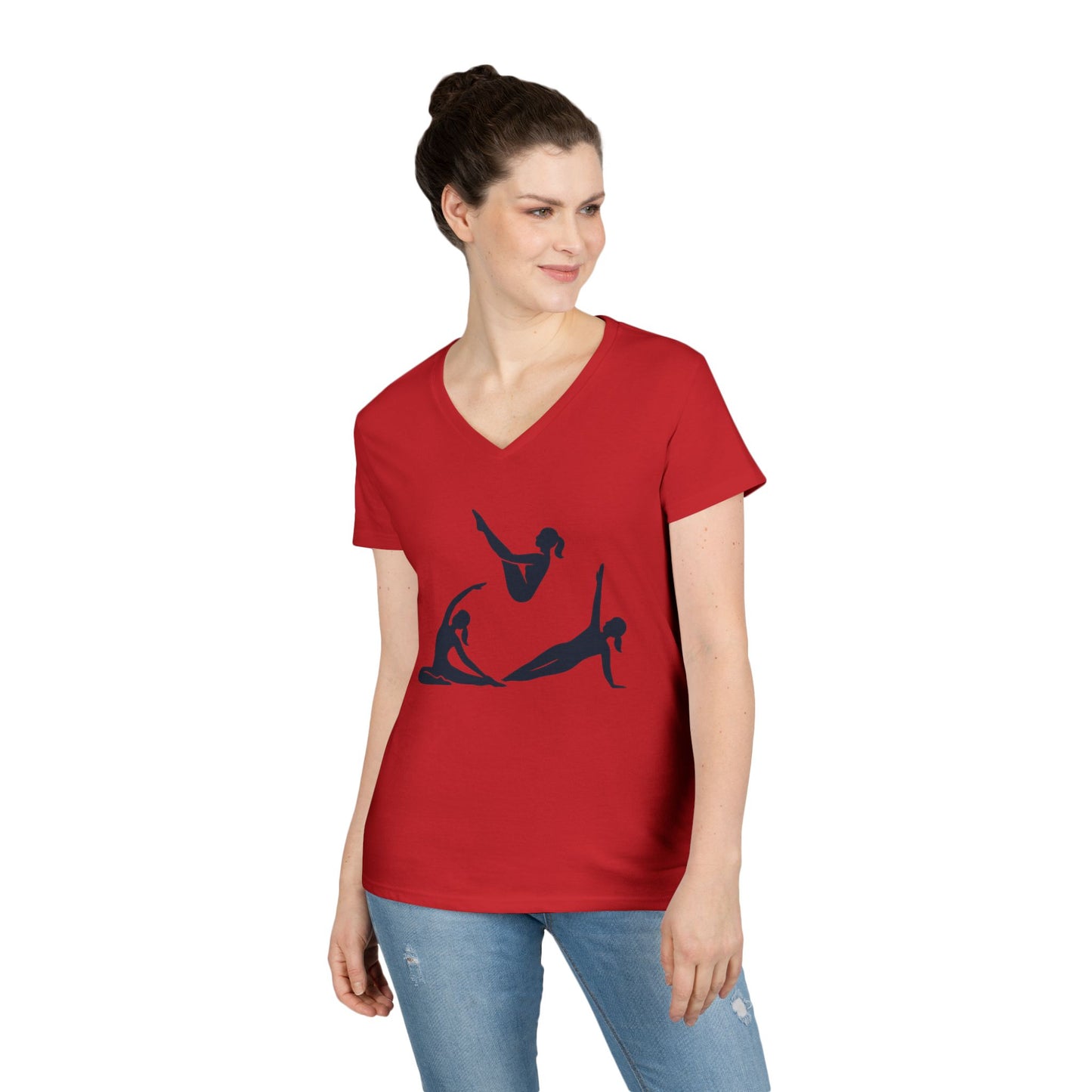 Ladies' V-Neck T-Shirt, Womens Pilates Graphic T-Shirt, Yoga Fitness Tee, Workout Top with Silhouette Print