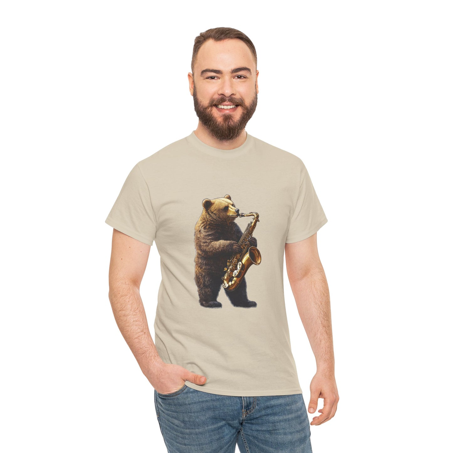 Saxophone Bear Unisex Heavy Cotton Tee, Music Lover Shirt, Gift for Musicians, Cute Animal Tee, Fun Jazz T-Shirt