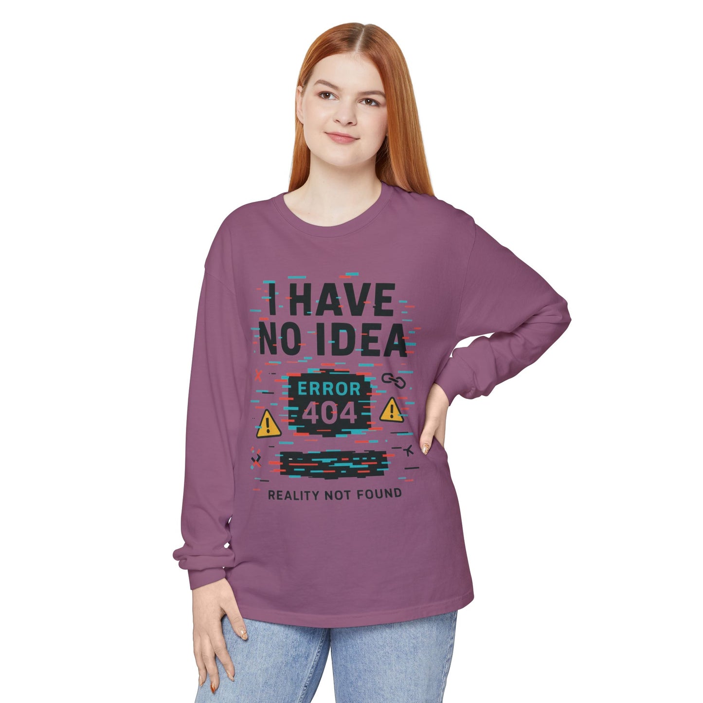 Unisex Long Sleeve T-Shirt, Funny Error 404 Graphic Tee, Internet Humor, Geeky Apparel, Quirky Humor Shirt, Gift for Tech Lovers