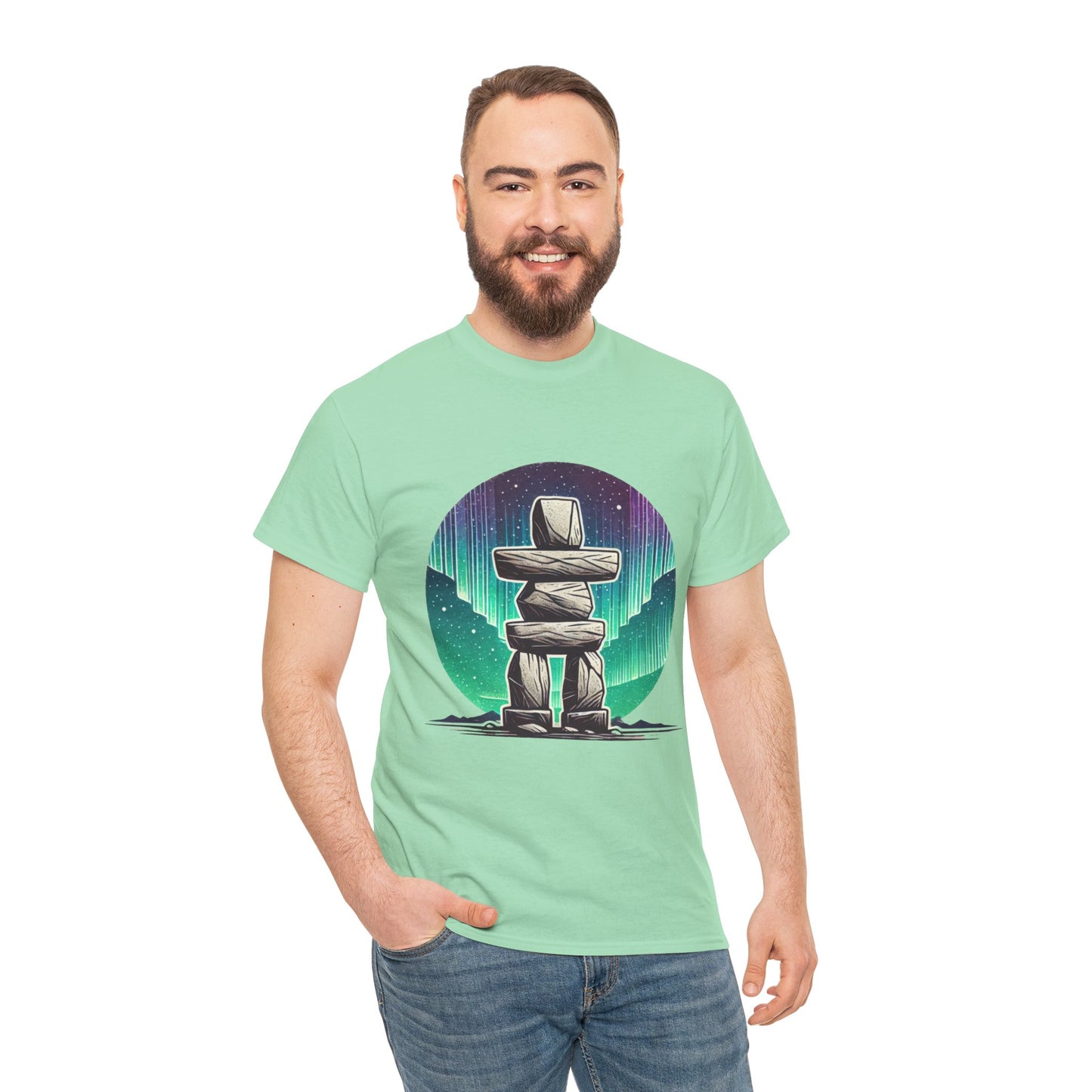 Aurora Stone Inukshuk Tee, Northern Lights Inukshuk T-Shirt, Arctic Stone Stack Aurora Graphic Tee, Canada Inuit Symbol Shirt