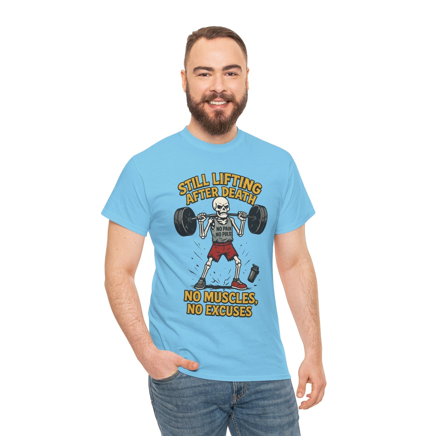 Funny Skeleton Gym T-Shirt, Still Lifting After Death, Funny Workout Shirt for Men, Fitness Gift, Halloween Apparel, Unisex Cotton Tee