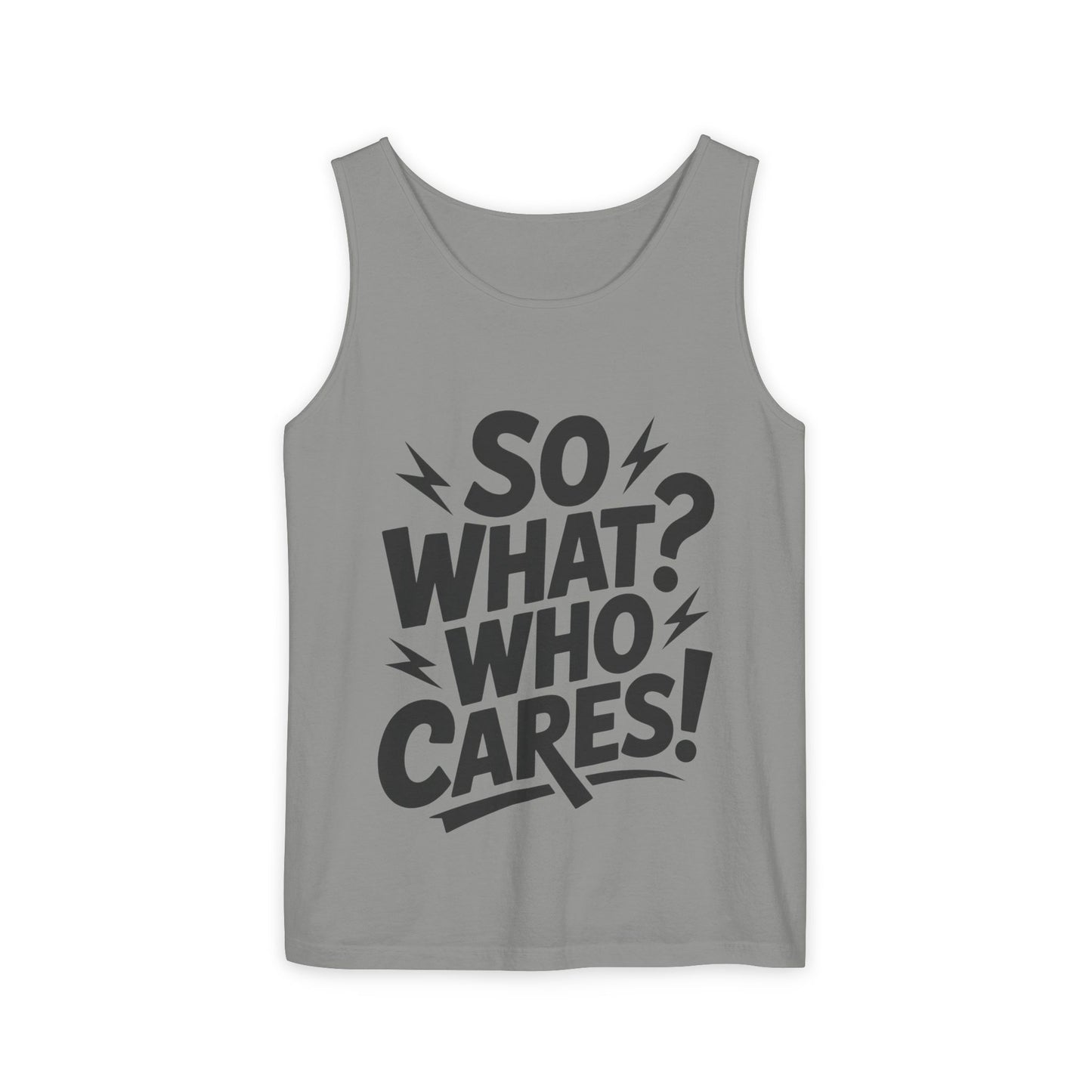 Mens Tank Top, "So What? Who Cares!", Casual Summer Wear, Beach Trip, Festival Outfit, Lightning Print, Sarcastic Summer Tee, Gym Tank
