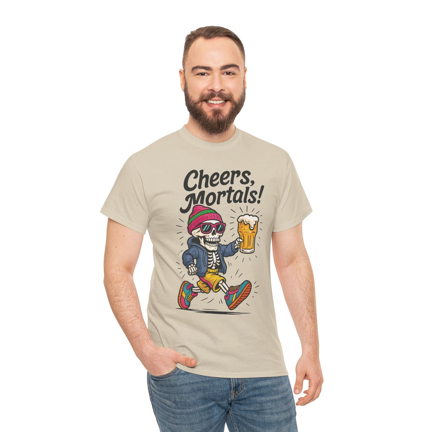 Cheers, Mortals! Mens Tee, Funny Skeleton Beer Graphic Tee, Cool Drinking Humor Shirt, Party Gift for Him, Halloween Tee, Beer Lovers Gift