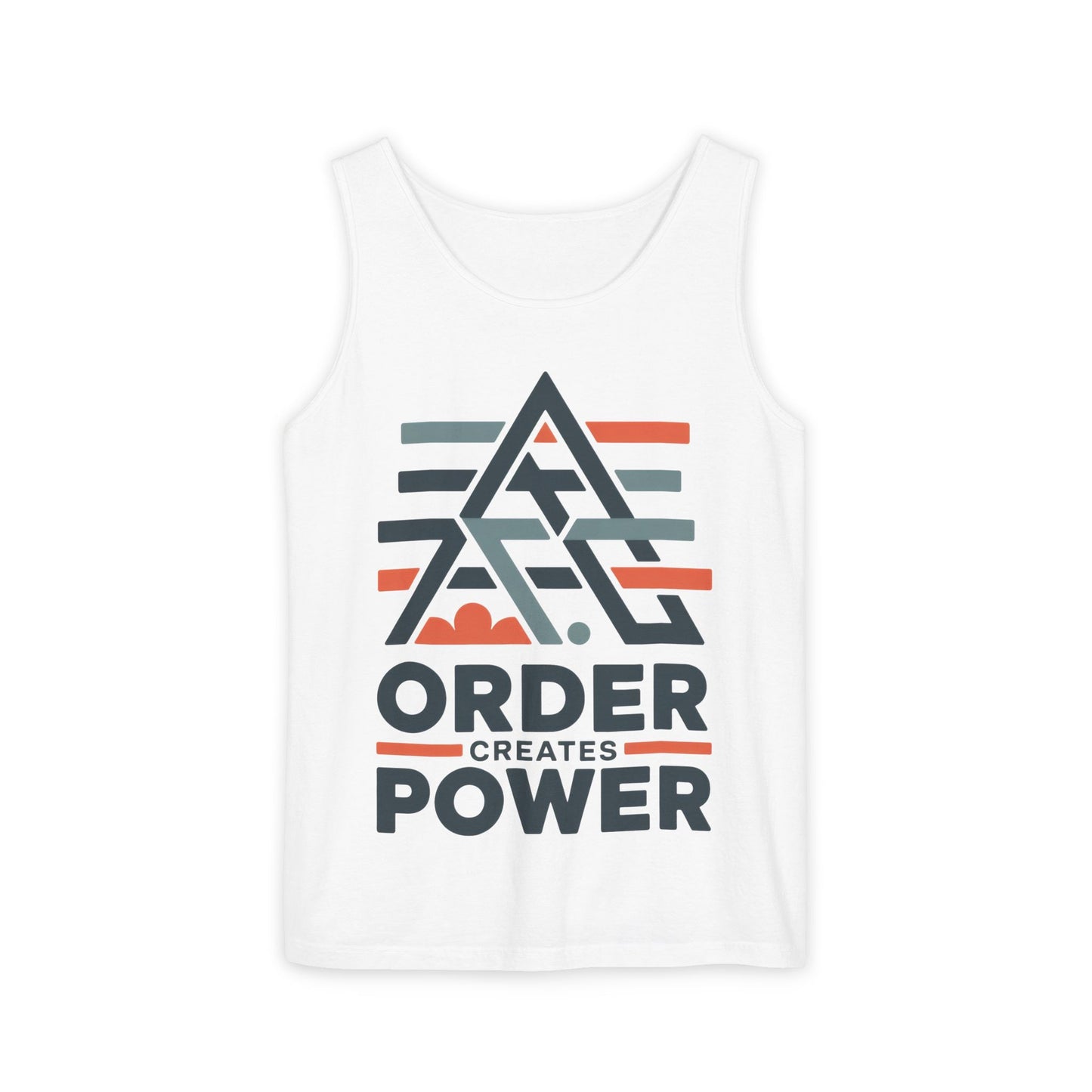 Mens Garment-Dyed Tank Top, Mens Tank Top Order Creates Power, Minimal Geometric Motivational Graphic Summer Shirt